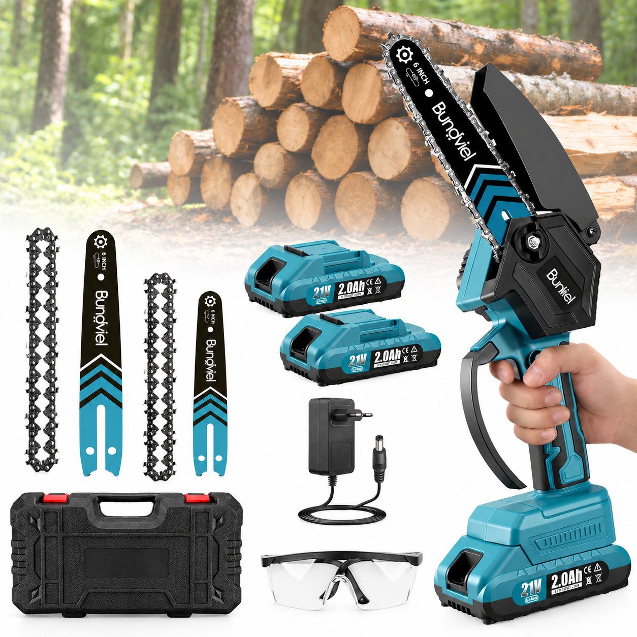 Bundviel Akku-Kettensäge 6+8 Zoll Mini Akku Kettensäge 880W Einhand Elektrische Kettensäge, mit 2 * 2.0Ah Akkus und Ladegerät, Bürstenloser Handkettensäge für Gartenbäumen Astschere