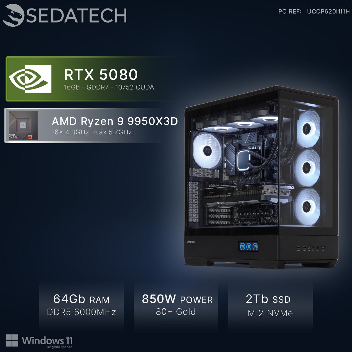 Sedatech UCCP620I1I1HF - Watercooling Gaming-PC (AMD Ryzen 9 9950X3D 16x 4.3GHz (max 5.7GHz), Geforce RTX5080 16GB, 64 GB RAM, 2000 GB SSD, Watercooling, Wlan 7)