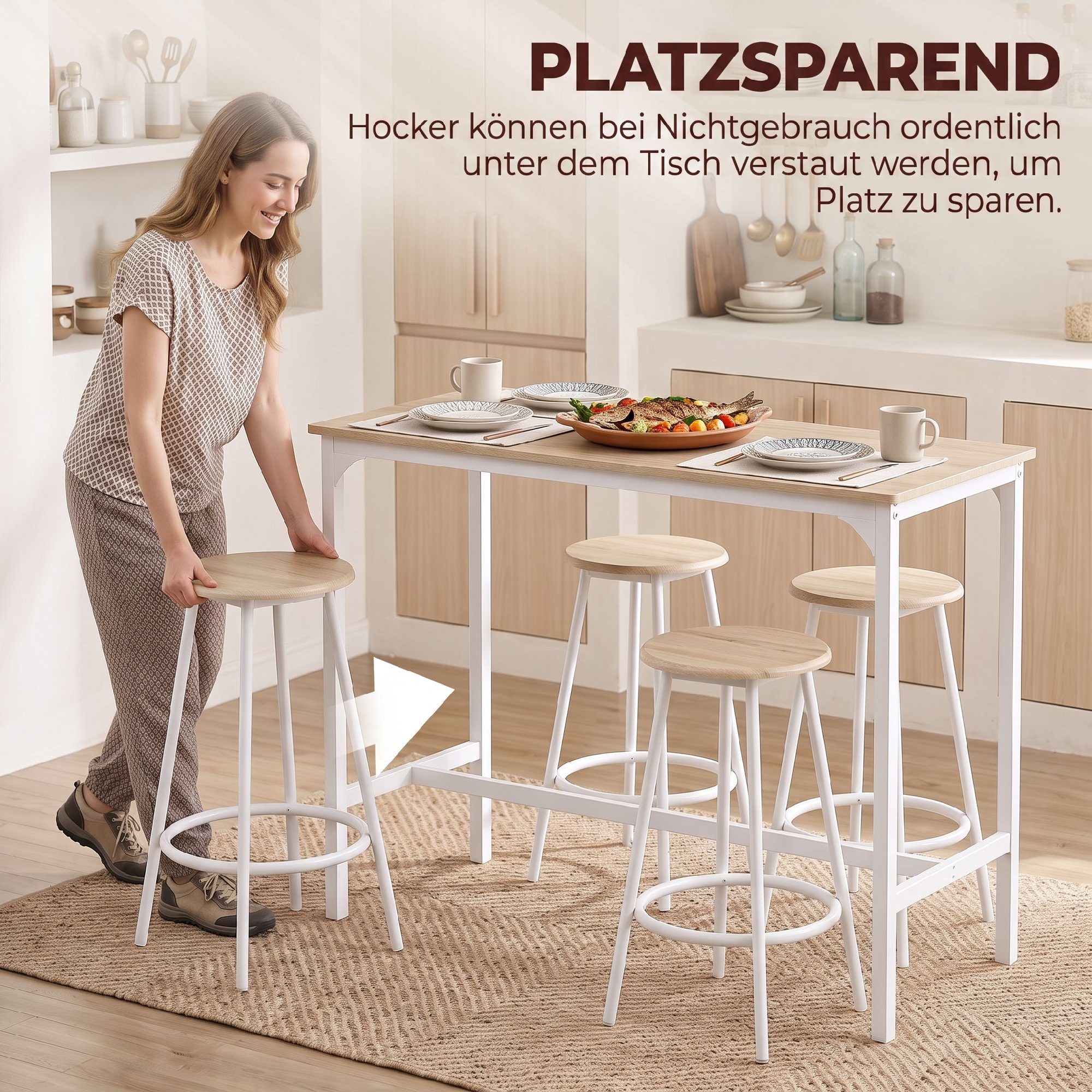 HOMCOM Bargruppe Tresentisch mit Fußstütze, (Set, 1 Tisch, 4 Stühle), Hocker unter Tisch verstaubar – Bild 5 von 5