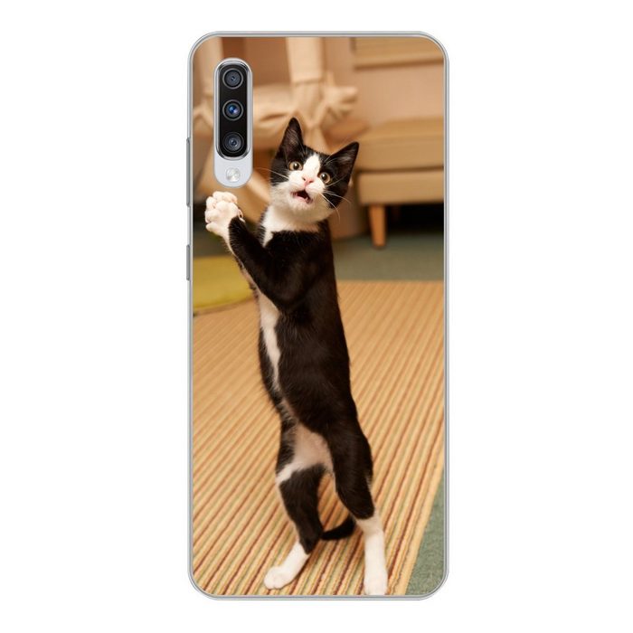 MuchoWow Handyhülle Katze - Wohnzimmer - Schwarz Phone Case Handyhülle Samsung Galaxy A70 Silikon Schutzhülle