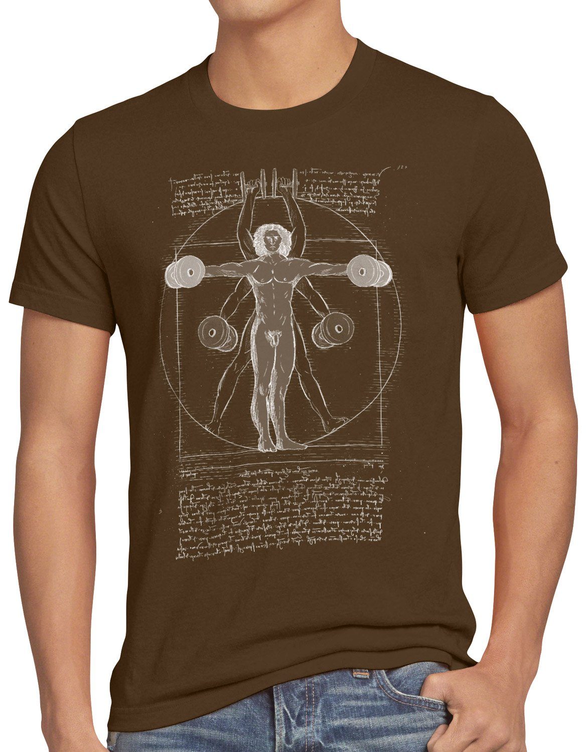 style3 Print-Shirt Herren T-Shirt Vitruvianischer mit Kurzhantel rudern training butterfly Mensch braun