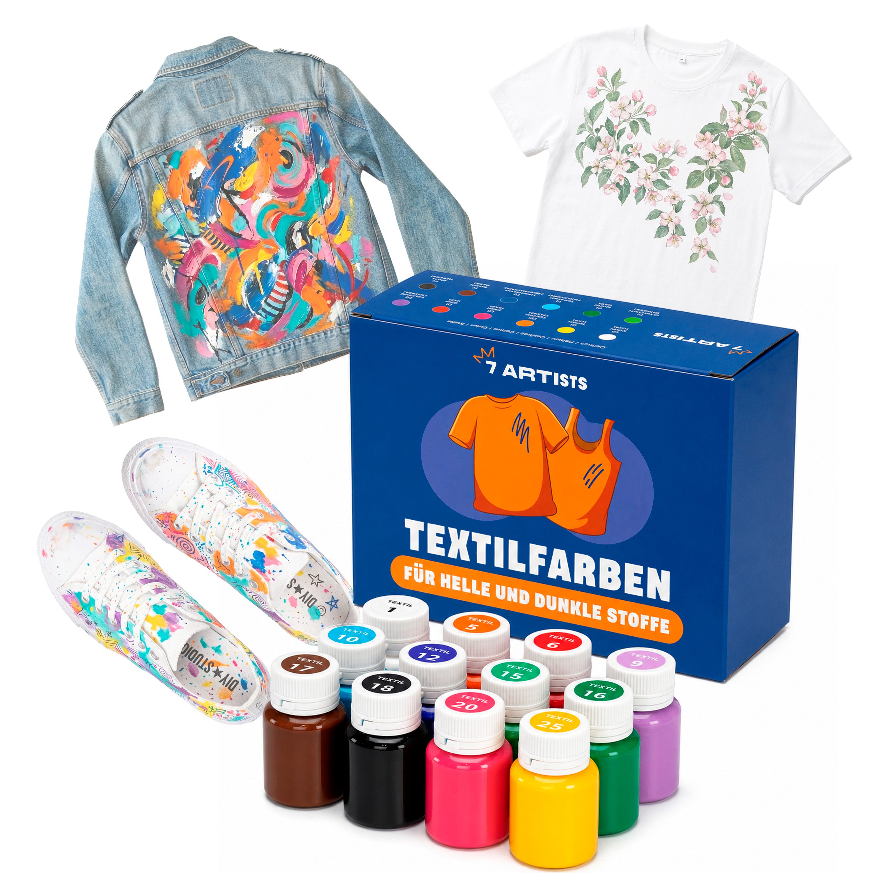7 Artists Textilfarbe Textilfarbe Waschmaschinenfest Set - Stoffmalfarben Waschfest, für helle und dunkle Textilien