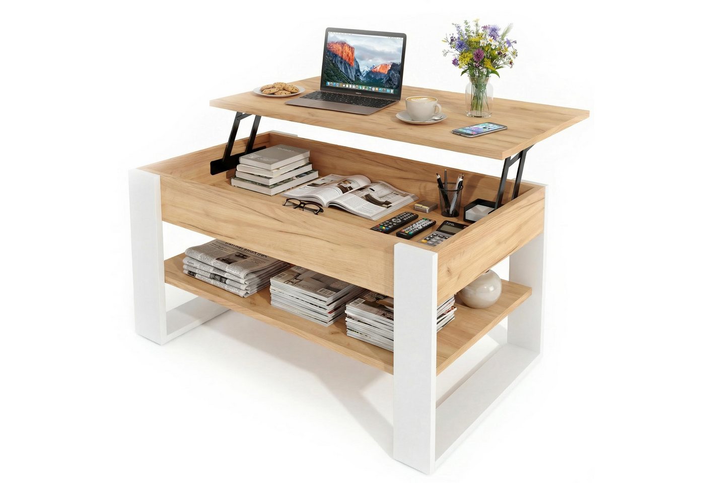 TREND WERK Couchtisch Lift-Couchtisch höhenverstellbar Sofatisch 92×54 cm mit Stauraum, verstecktem Fach Wohnzimmertisch Holz modern