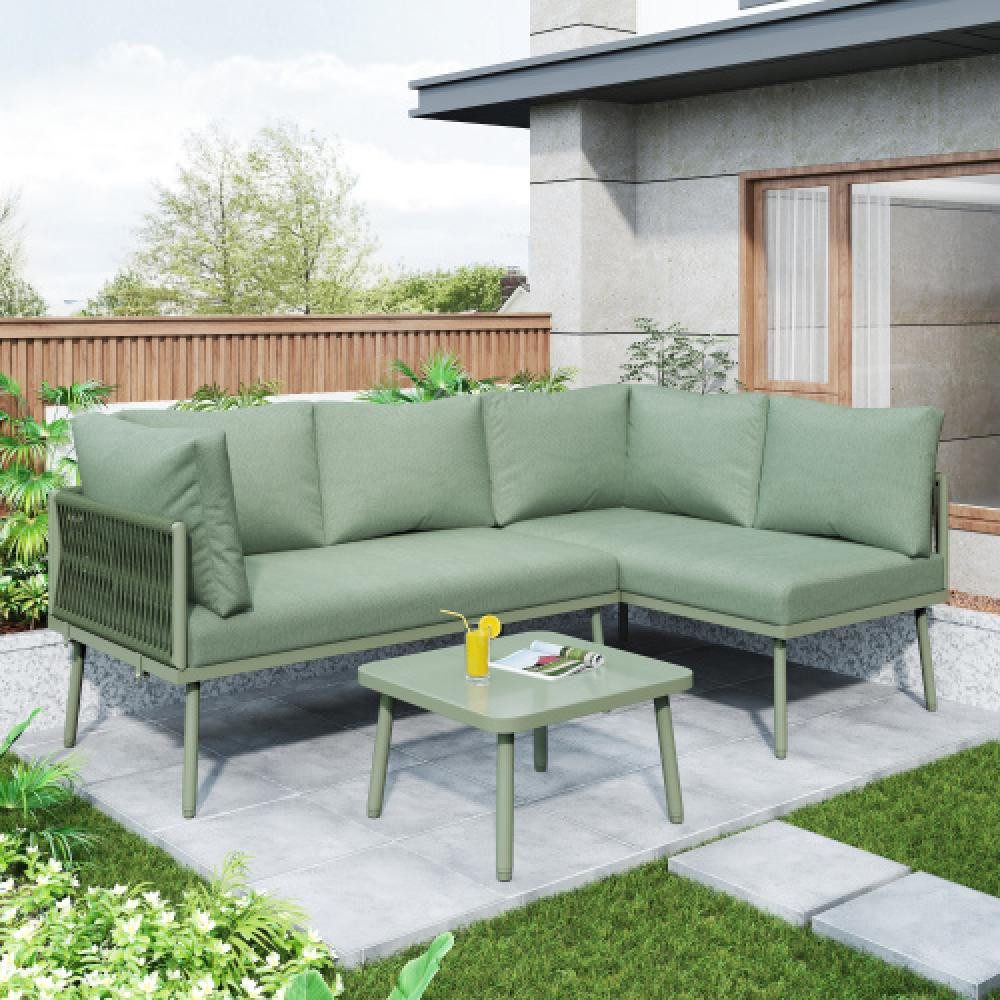BBWL Gartenlounge-Set Garten-Lounge-Set L-Form aus Eisen mit grünem Seil, verstellbaren Füßen, wetterfeste Outdoor-Lounge