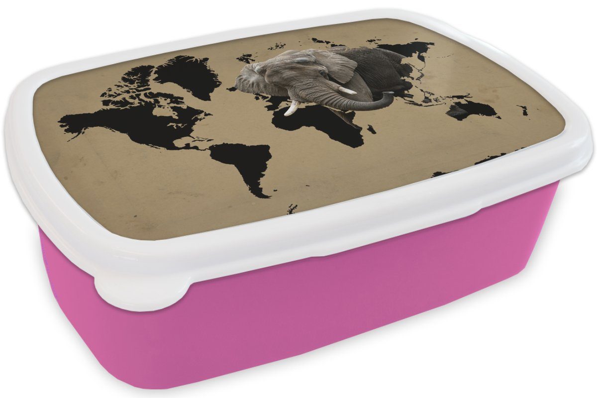 Schwarz Elefant, Weltkarte MuchoWow Brotbox Kunststoff, (2-tlg), für Brotdose Erwachsene, Lunchbox - Mädchen, Kinder, - Kunststoff Snackbox, rosa
