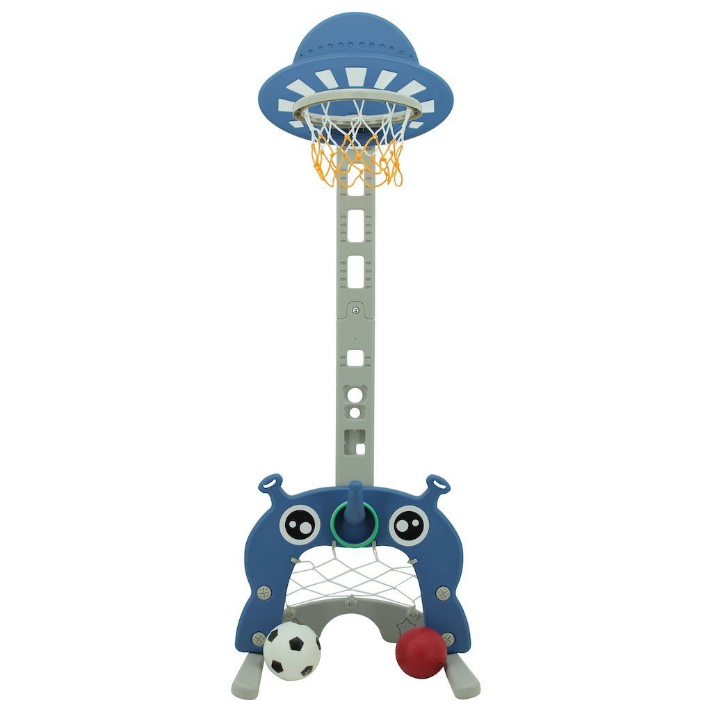 Basketballkorb Sweety Toys 12749 Basketballkorb blau 3 in 1 Spielzeug - Ringe werfen, Fußballtor, Basketball