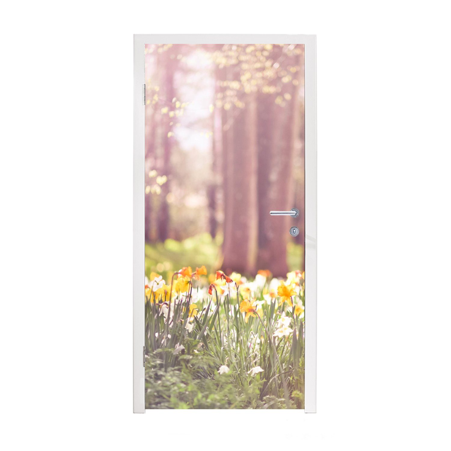 MuchoWow Türtapete Frühling - Narzissen - Bäume, Matt, bedruckt, (1 St), Fototapete für Tür, Türaufkleber, 75x205 cm