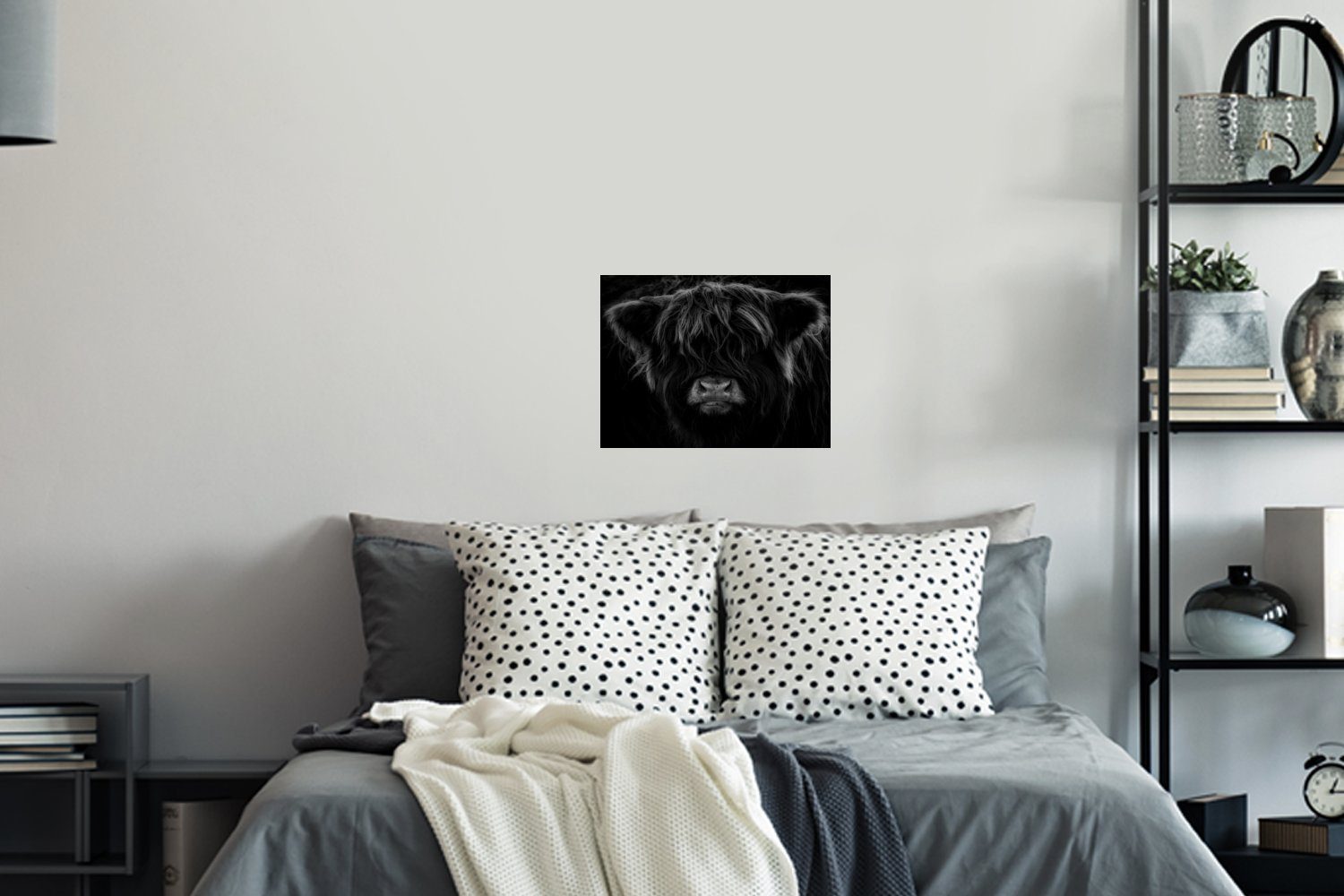 Schlafzimmer Tiere Schwarz Porträt - Selbstklebend, Weiß St), (1 Kuh - Wandaufkleber, Wohnzimmer, Wandsticker - - MuchoWow - Wandtattoo, Highlander Schottischer