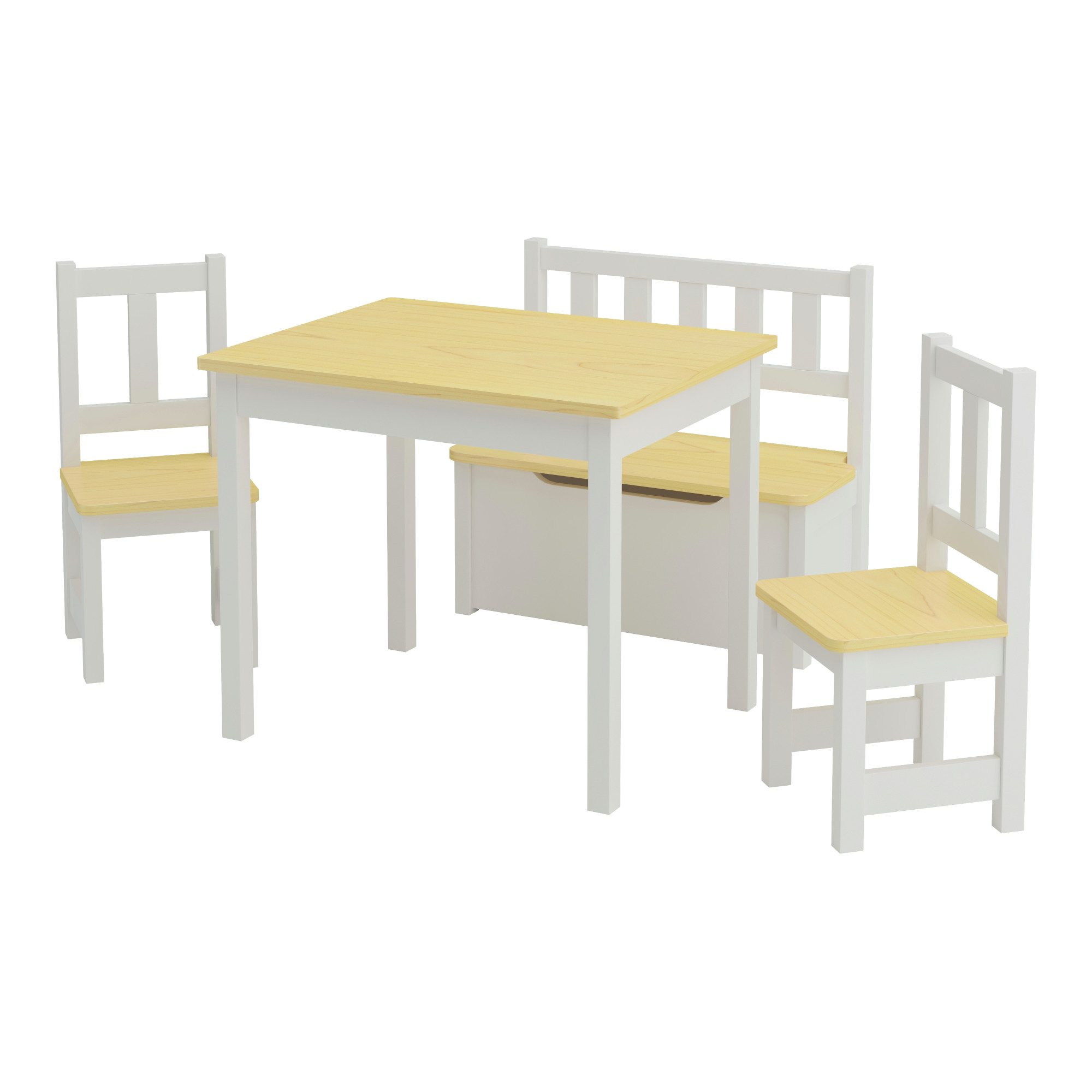 en.casa Kindertisch, »Lousame« Sitzgruppe Tisch Sitzbank 2x Stuhl Kiefernholz Natur/Weiß