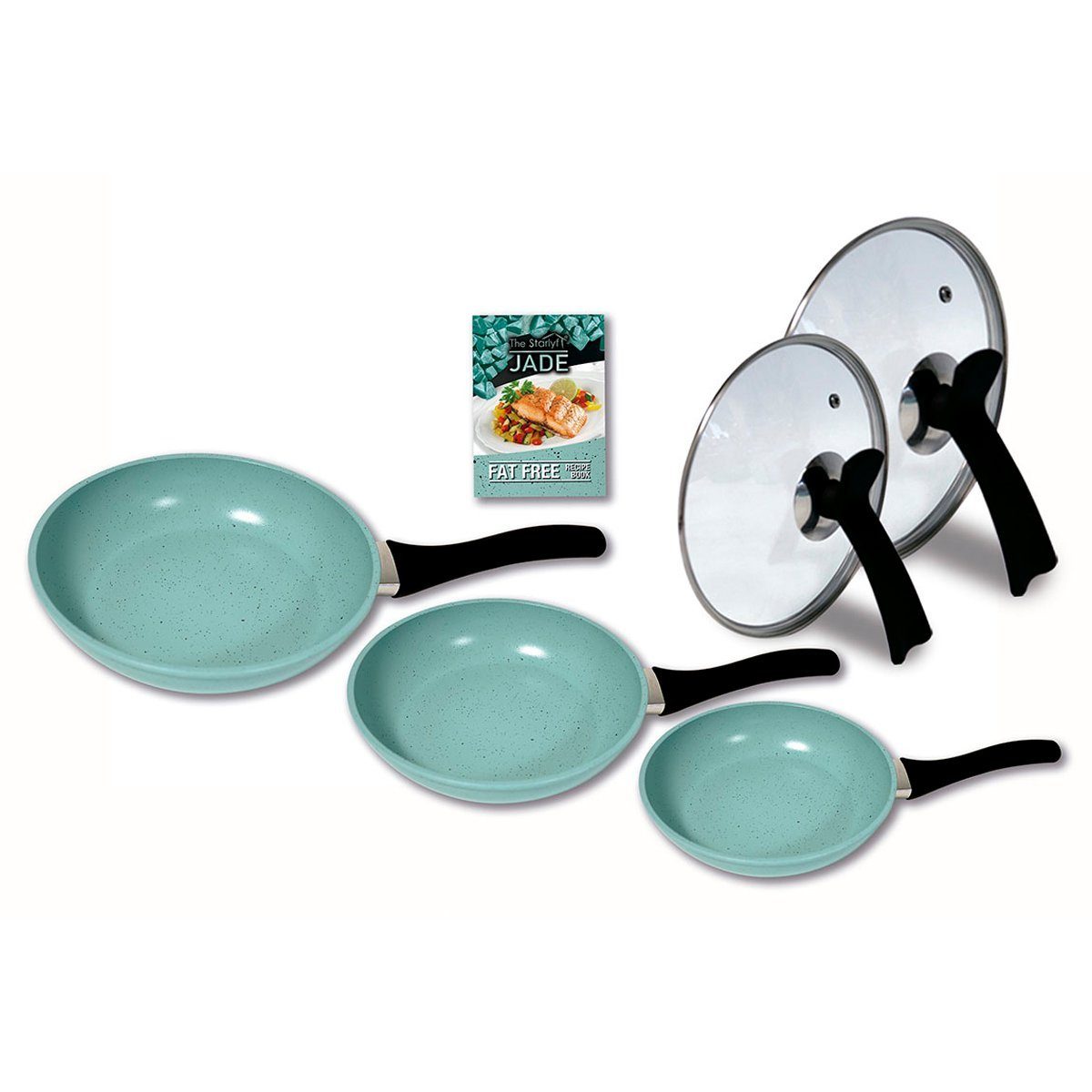 Starlyf Pfannen-Set Jade Pan Set, Aluminium (Starter-Set, 5-tlg., 3 Pfannen, 2 Glasdeckel), Innovativer Deckelgriff zum abstellen