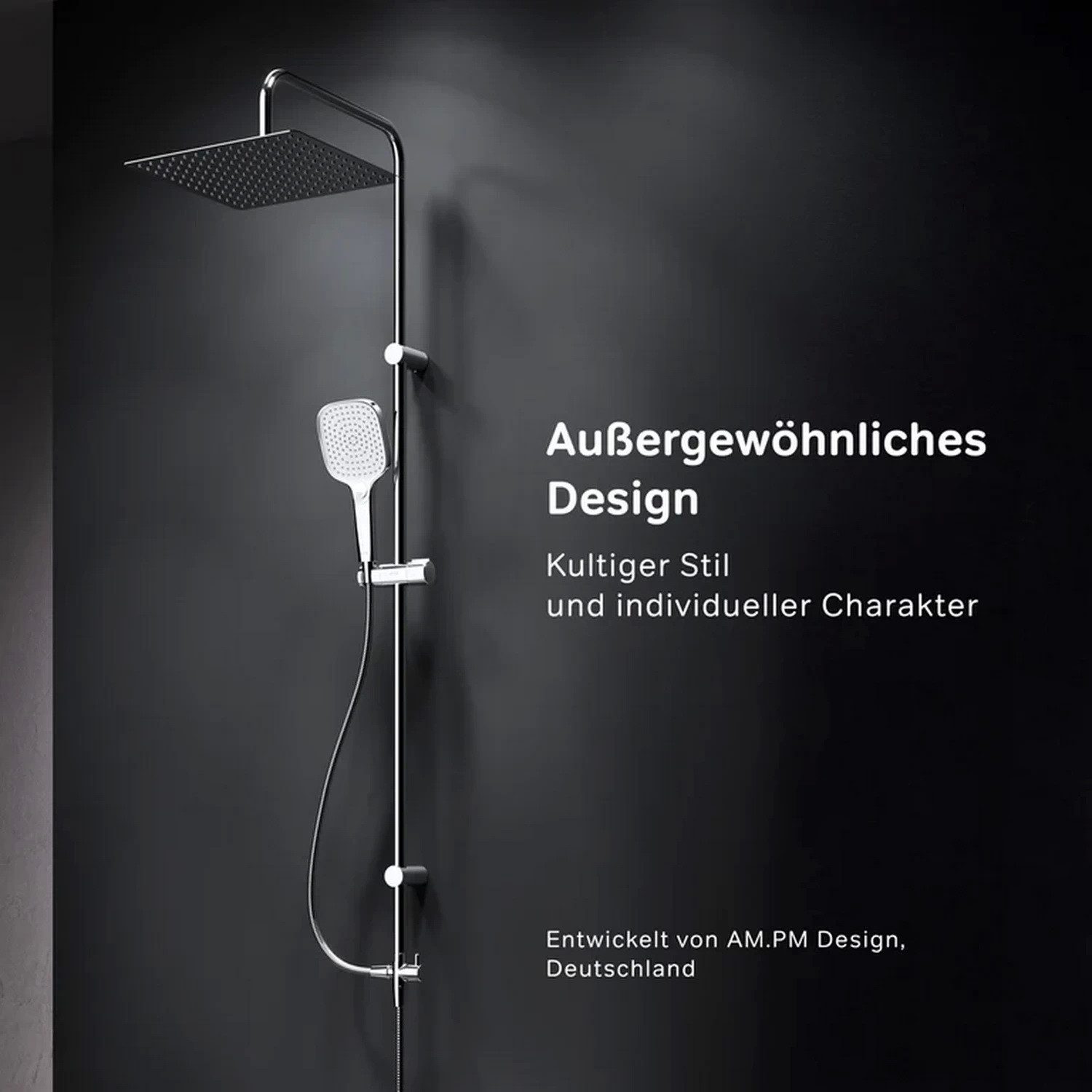 AM.PM Duschsystem PLAY mit Regendusche Teleskopische Duschstange Dusche Brause, Höhe 1200 cm, 3 Strahlart(en), Dusch-Komplett-Set Duschset Brauseset Chrom / Silber, Kopfbrause & Handbrause mit Antikalk-Duschkopf, Dusch-Komplett-Set Duschset, Air-In Technologie, 30 cm Kopfdusche