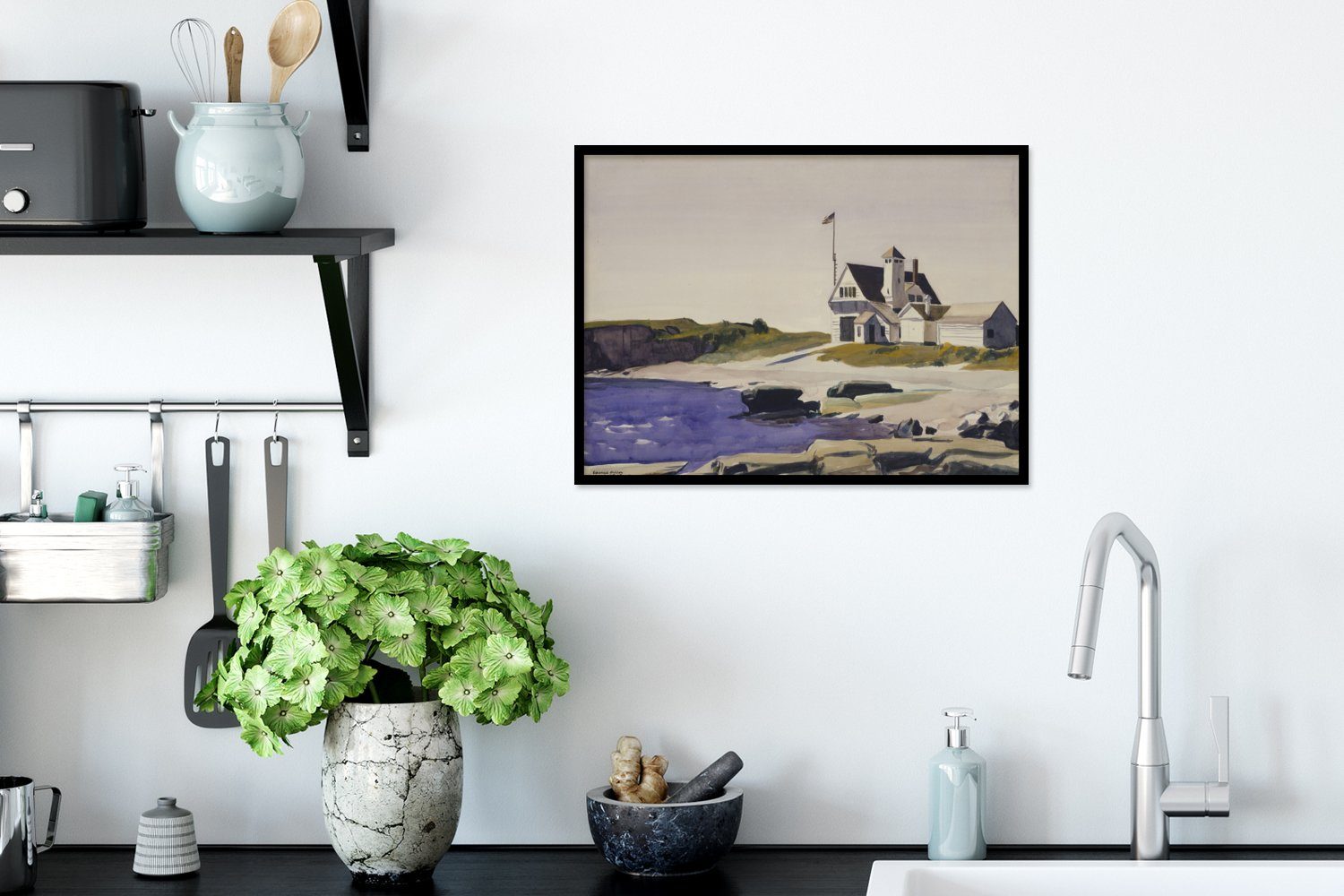 MuchoWow Poster Küstenwache, Maine Gerahmtes Edward Poster, St), Bilderrahmen Hopper, - Kunstdruck, mit Schwarzem Rahmen, (1