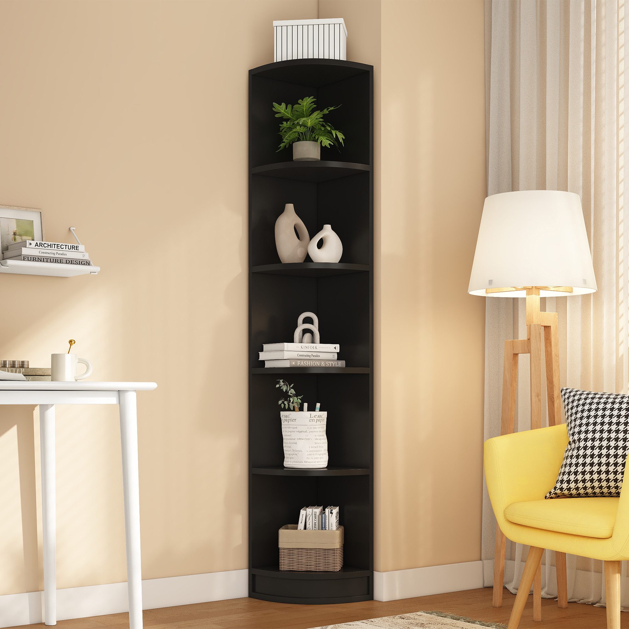 Flieks Bücherregal Hochschrank Eckregal Holzschrank Lagerregal 6 Ebenen, B42/T30/H180 cm, Standregal für Wohnzimmer, Schlafzimmer, Esszimmer, Arbeitszimmer 1-tlg., Eckschrank Eckbücherregal Aktenschrank 5 Fächern aus MDF Schwarz