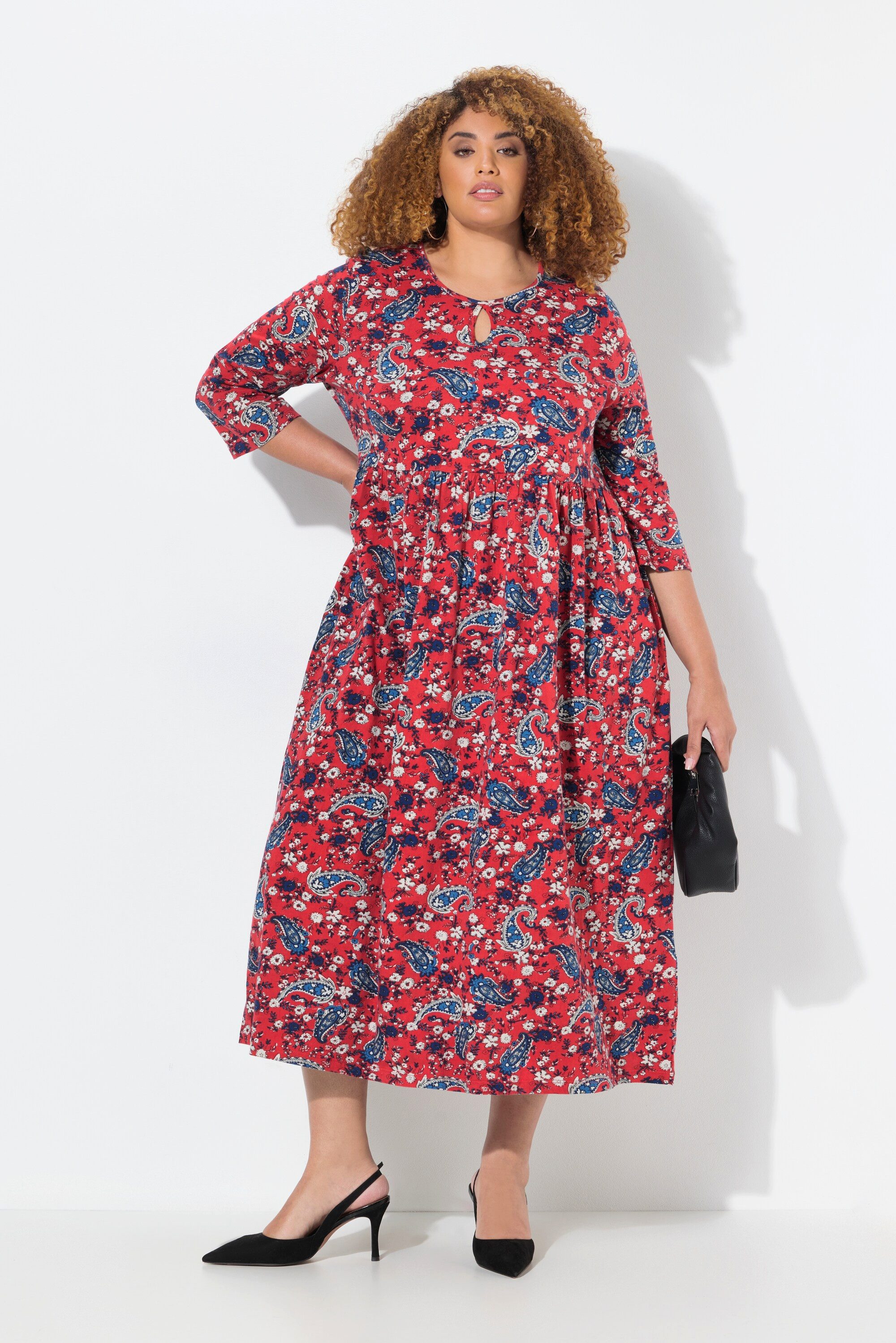 Ulla Popken Maxikleid Jerseykleid A-Linie Keyhole Rundhals 3/4-Arm