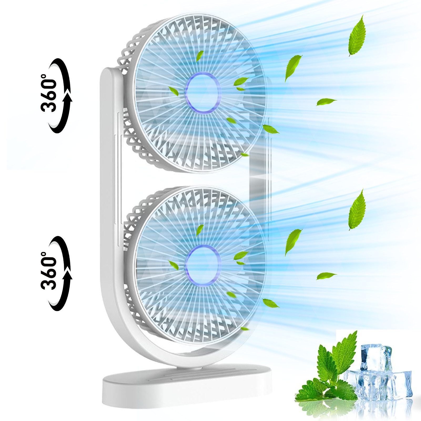 MOPUEA Standventilator 360° Drehbar Doppelkopf Luftzirkulationsventilator USB Tischventilator, Standventilator Luftzirkulation Leise USB Aufladbar