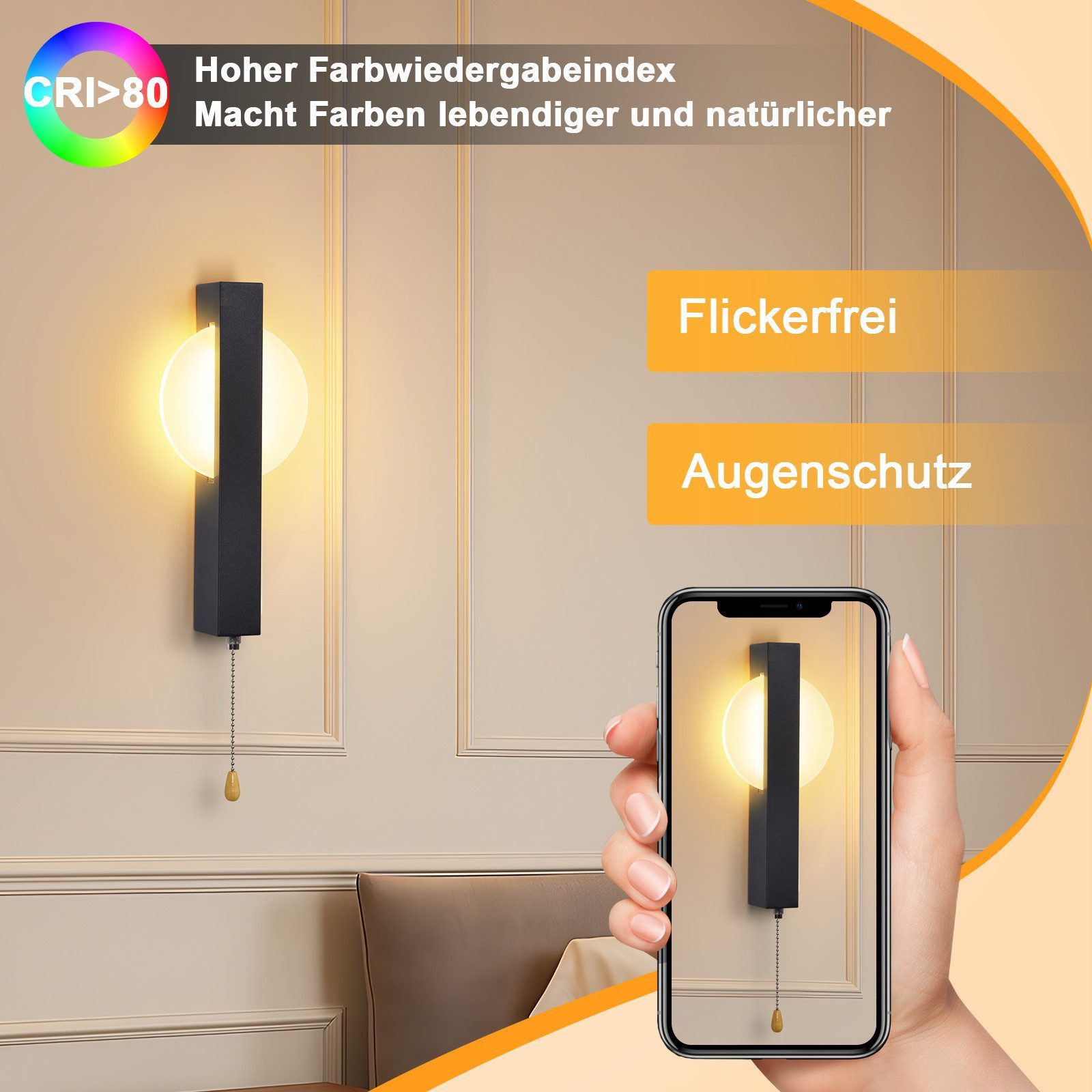 Nettlife LED Wandleuchte Innen Schnurschalter Flurlampe Schwarz Modern Wandleuchte Warmweiß, LED fest integriert, Warmweiß, Wandlampe für Schlafzimmer, Wohnzimmer, Flur