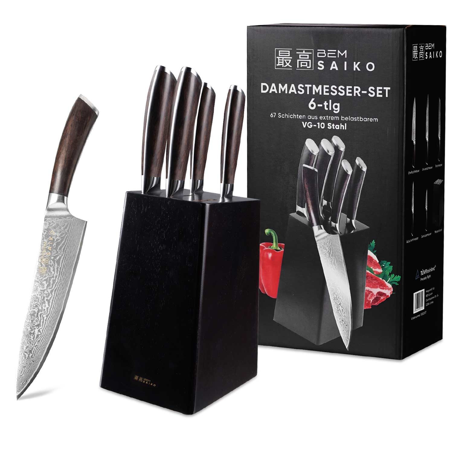 BEM Messerblock Saiko Damastmesser Japanisches Küchenmesser Set (6tlg), Klingen aus 67-lagigem VG-10 Damaszener Stahl inkl. Messerblock