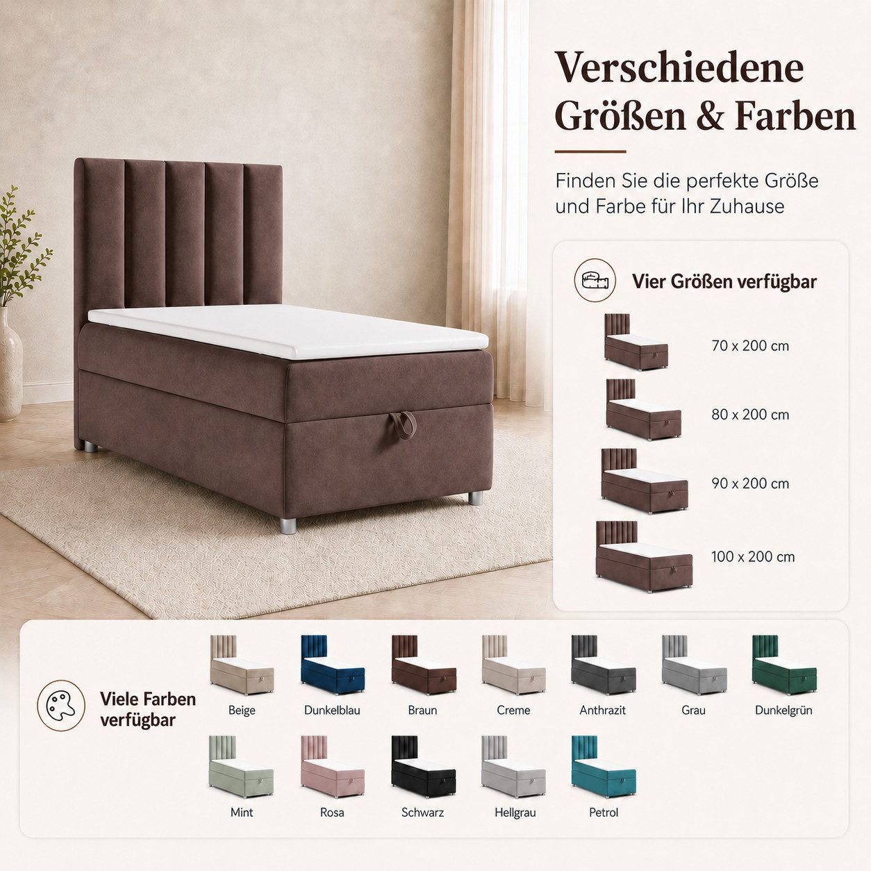 Best for Home Boxspringbett Trinity K10 SINGLE mit Bettkasten & Bonellfederkern, Komfort Topper H3 (Einzelbett, Polsterbett gepolstertes Kopfteil, Jugendbett, Kinderbett versch. Größen, 1-St., 70x200 80x200 90x200 100x200 cm), Stauraum unter dem Bett; Ergonomischer Schlafkomfort; Massivholzrahmen