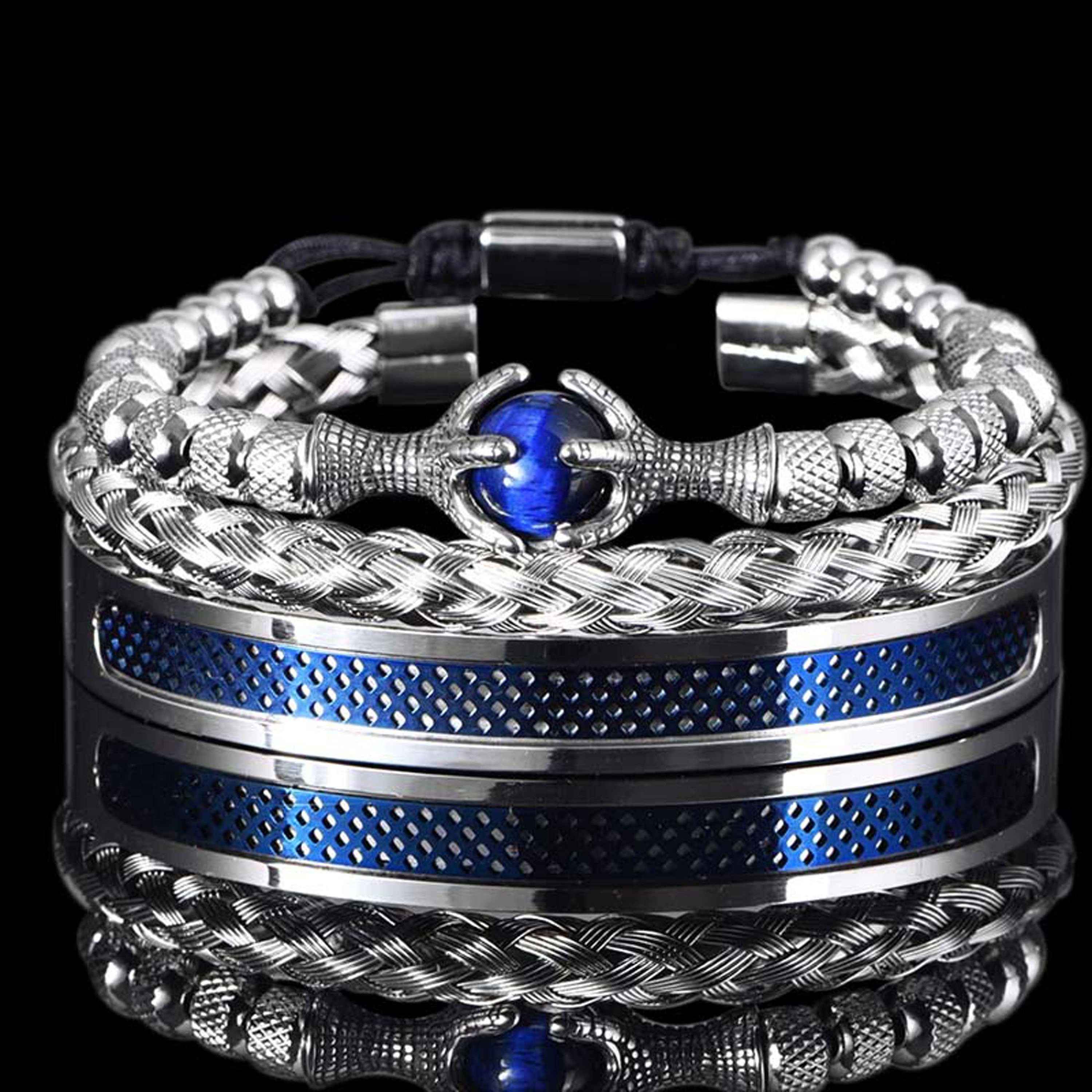 UNIQAL.de Stainless steel bracelet set Stainless steel bracelet SET Men "BLUE EAGLE ROYAL" - Set of 3 bracelets (stainless steel, casual style, handmade), with zirconia