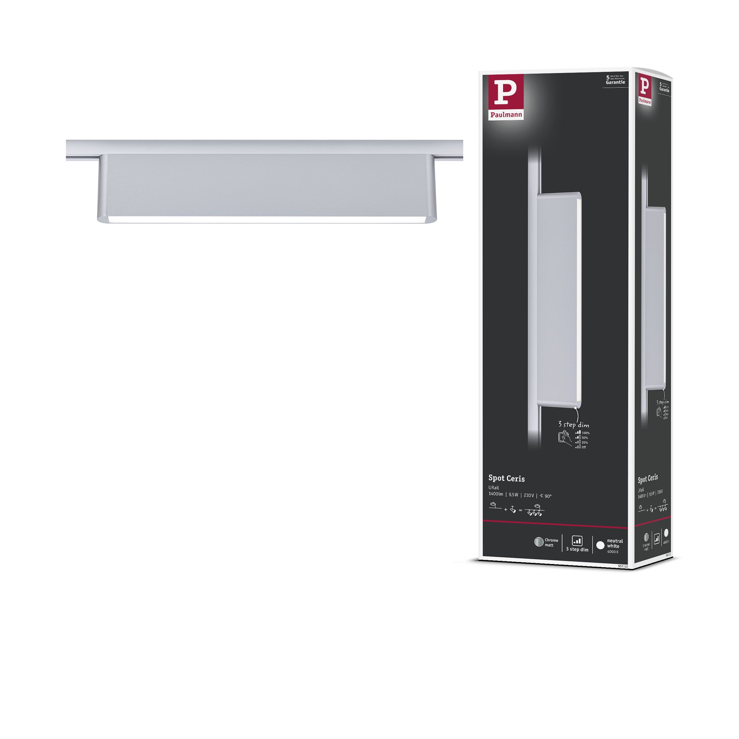 Paulmann Schienensystem-Leuchten Ceris 850lm 9,5W 4000K dimmbar 230V, Memoryfunktion, mehrere Helligkeitsstufen, LED fest integriert, Neutralweiß, 3-Step-Dim
