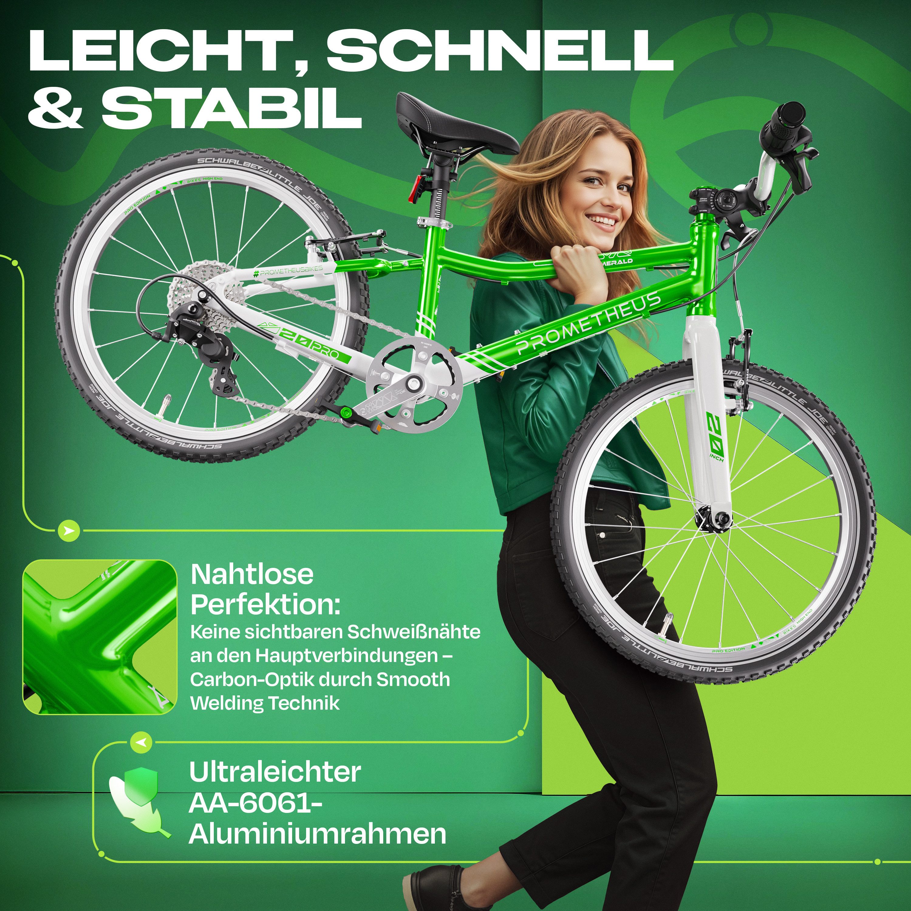 PROMETHEUS BICYCLES Kinderfahrrad PRO 20 Zoll ab 6 Jahre, 7 Gang microSHIFT, Kettenschaltung, PREMIUM ultralight (7.7 kg) AA-6061 Alurahmen V-Brakes SCHWALBE Reifen
