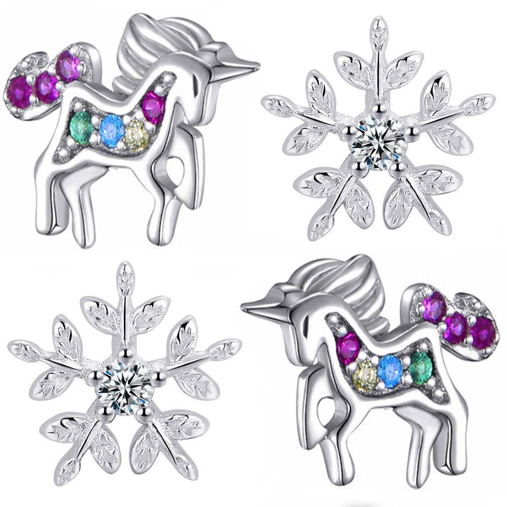 Limana Ohrstecker-Set Kinder Ohrringe 925 Sterling Silber Einhorn Pferde Stern Schneeflocke, Mädchen Kinderohrringe Geschenk Geschenkidee
