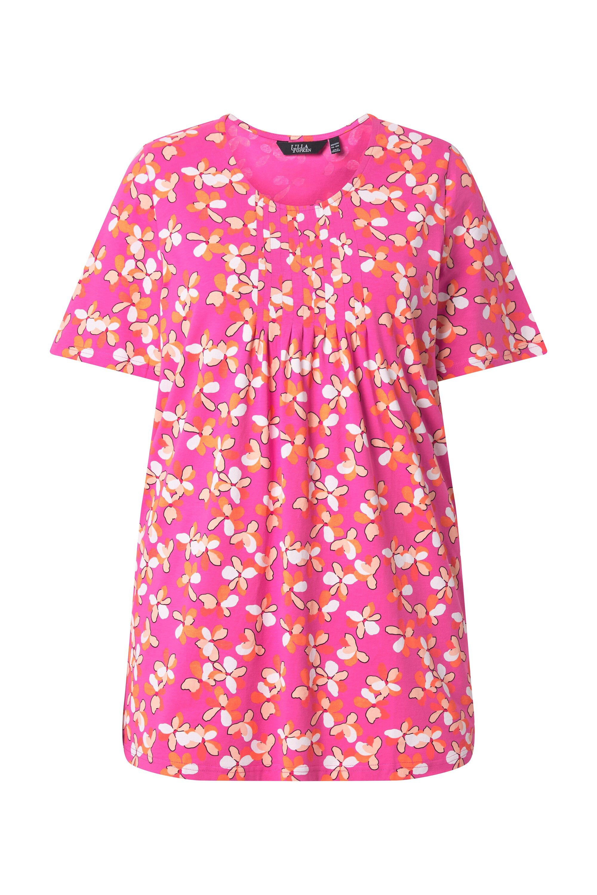 Ulla Popken Longshirt Longshirt Blüten Zierfalten A-Linie Rundhals