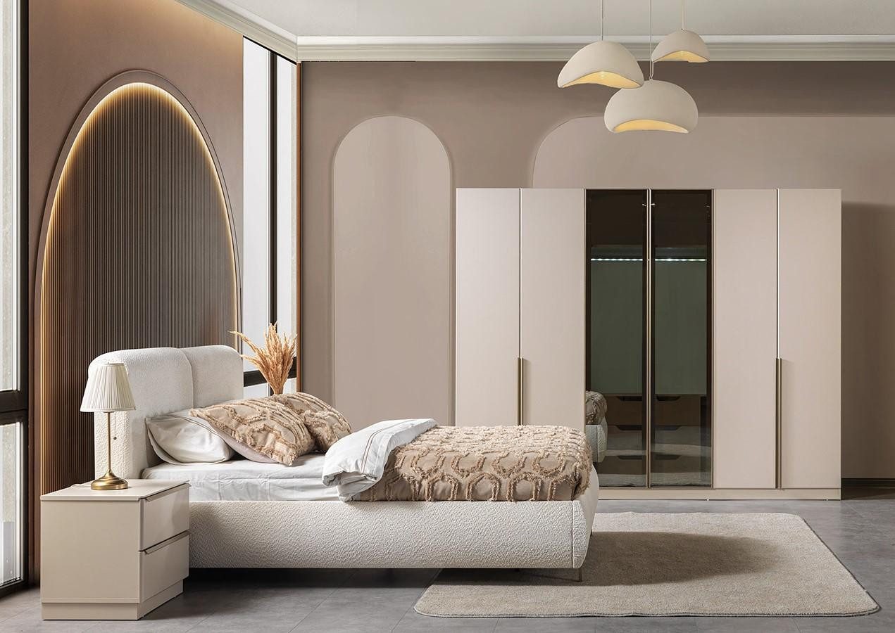 JVmoebel Schlafzimmer-Set Bett 2x Nachttisch Kleiderschrank Schlafzimmer Stil modern Farbe weiß, (3-tlg), Made in Europa