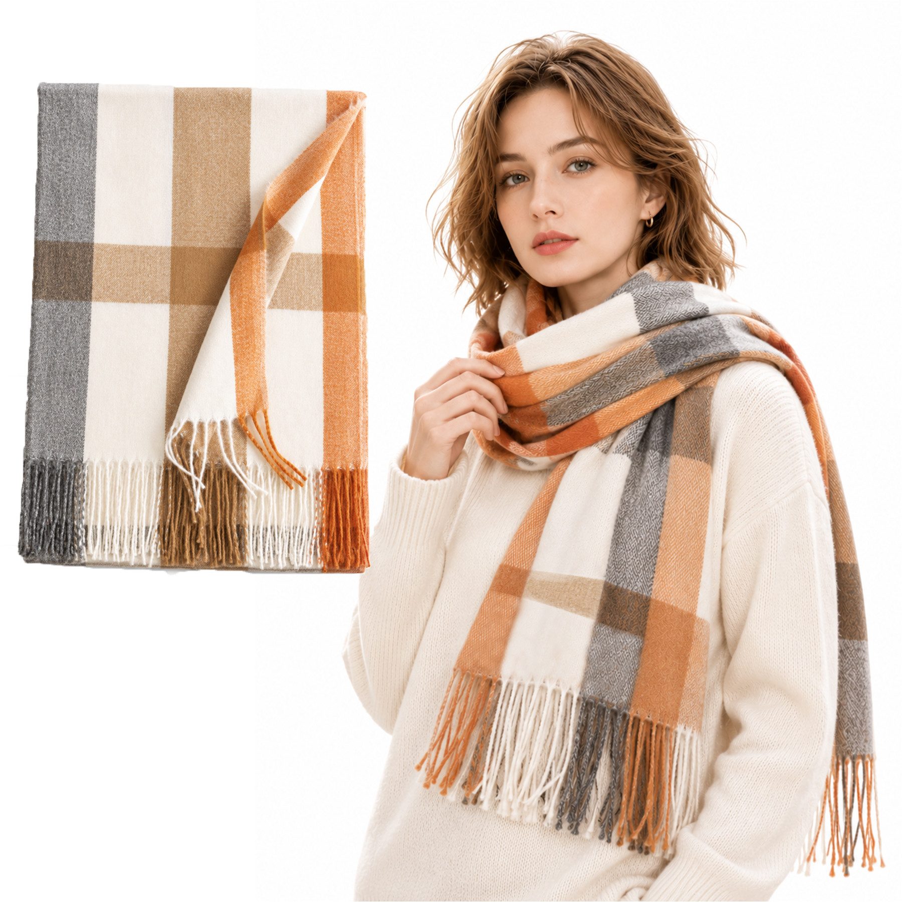 Mutig Wollschal Damen Kariert Oversized Kaschmir 180*70cm, (Schal Lange Winterschal Weich Wraps Groß Karo Fransen Schals Warm, Damen Großer Winter-Halstuch, warmes Feinstrick-Winterschal), für Herbst Winter Herren und Damen