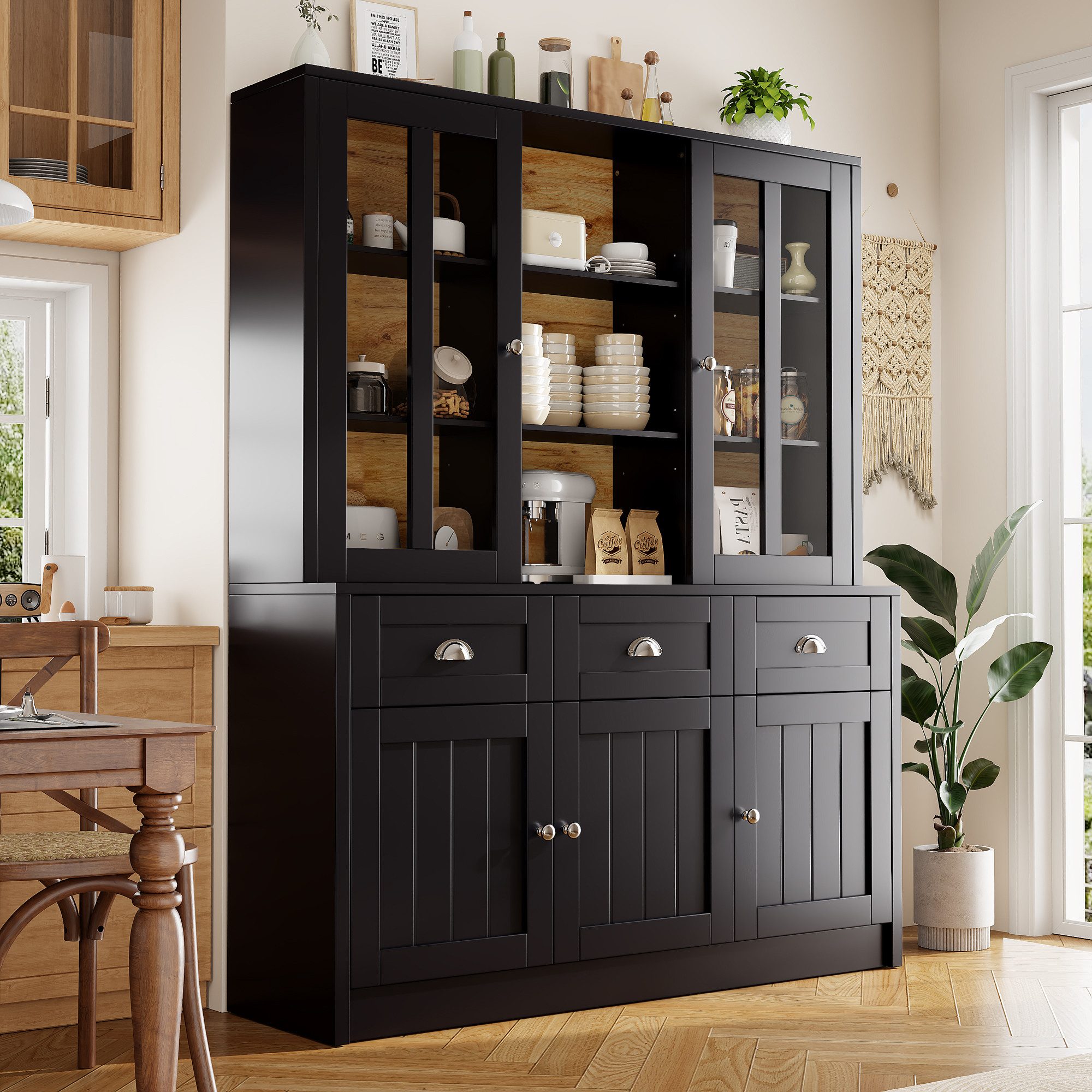MODFU Hochschrank Vitrinenschrank,Küchenschrank (140x38,5x175 cm Moderner Hochschrank mit Schubladen)