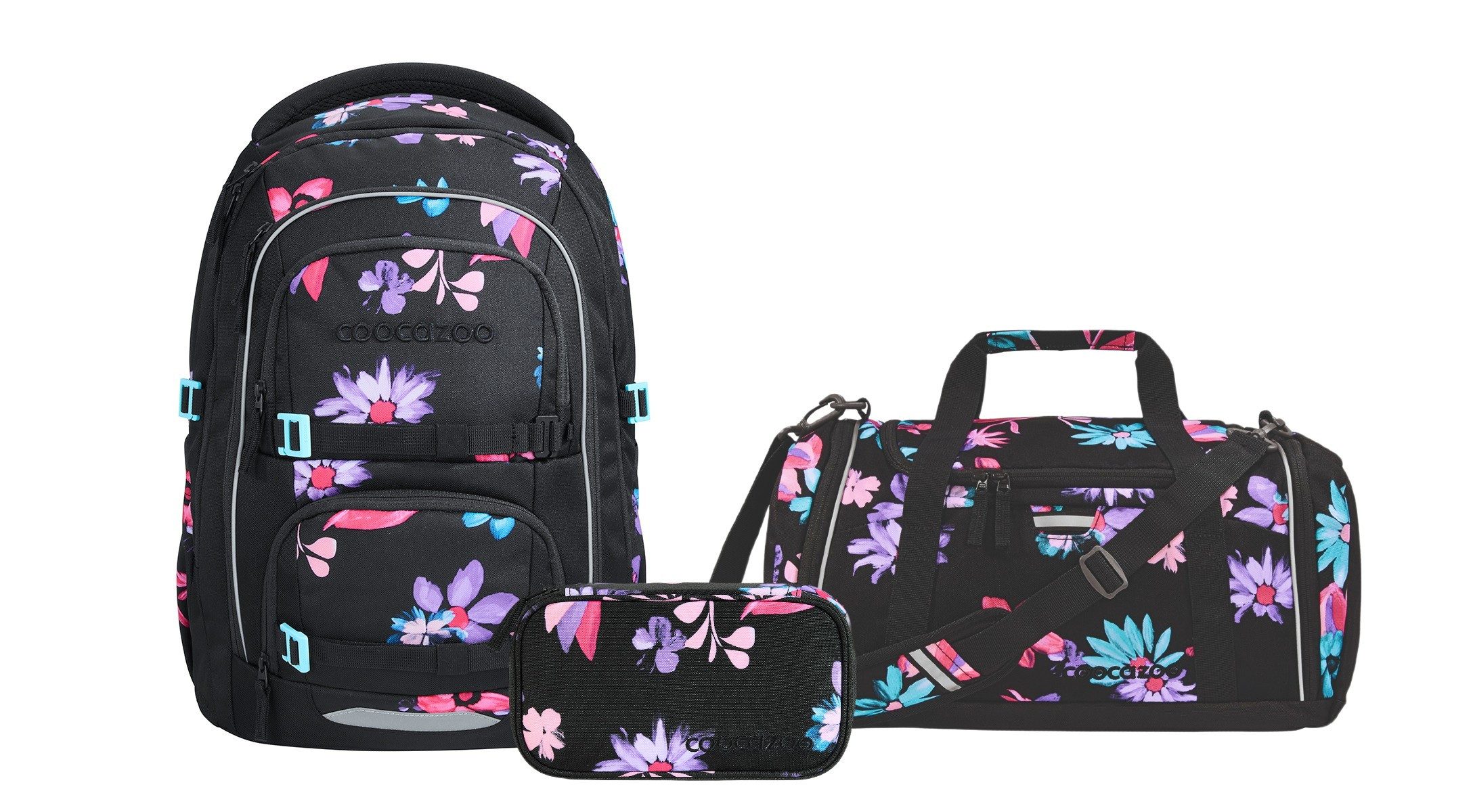 coocazoo Schulranzen Schulrucksack-Set PORTER, Floral Artnight 3-teilig (3-teilig), ergonomisch, Körpergröße: 135 - 180 cm, Easy-Grow-System