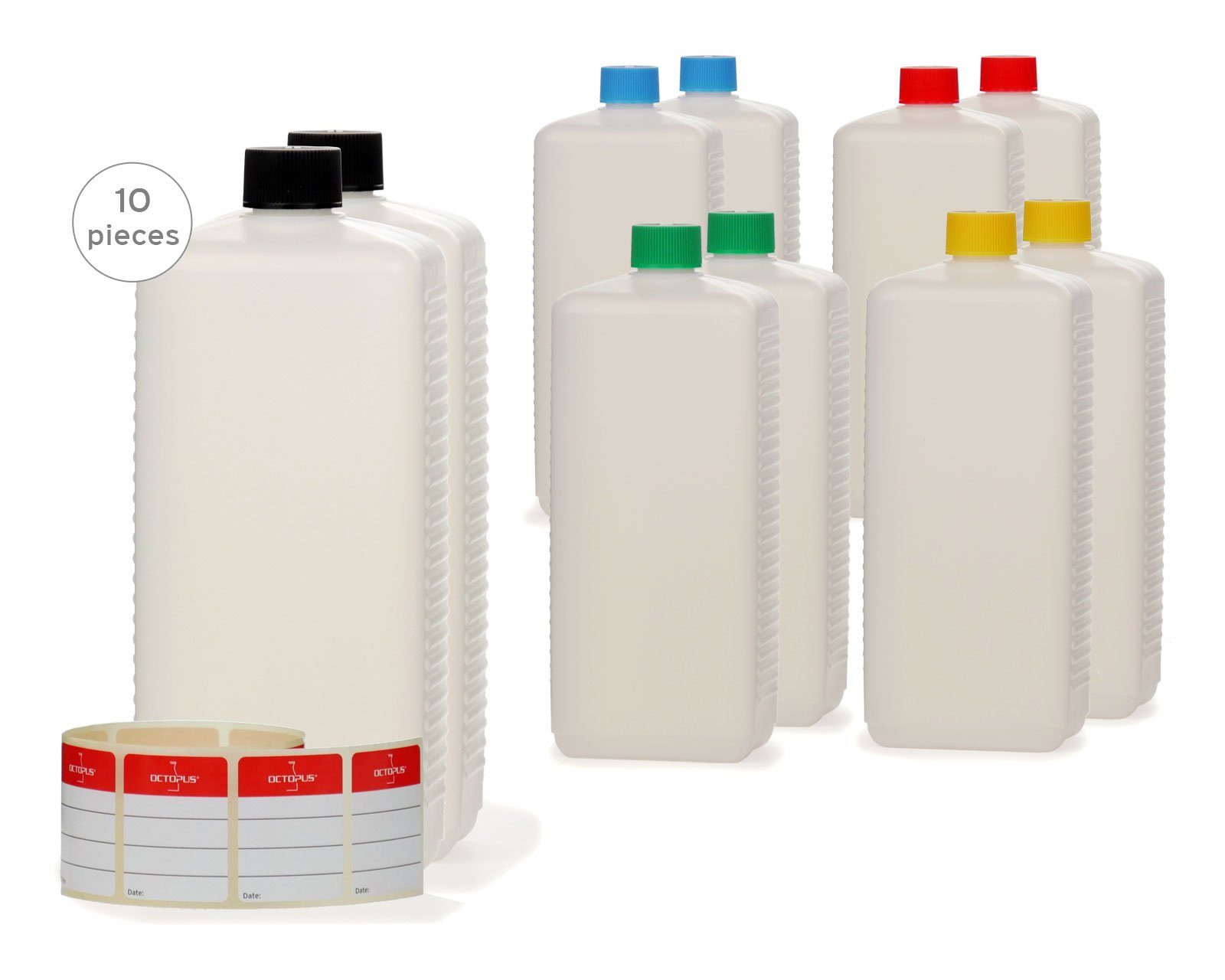 OCTOPUS Kanister 10 Plastikflaschen 1.000 ml eckig aus HDPE mit farbigen Schraubverschl (10 St)