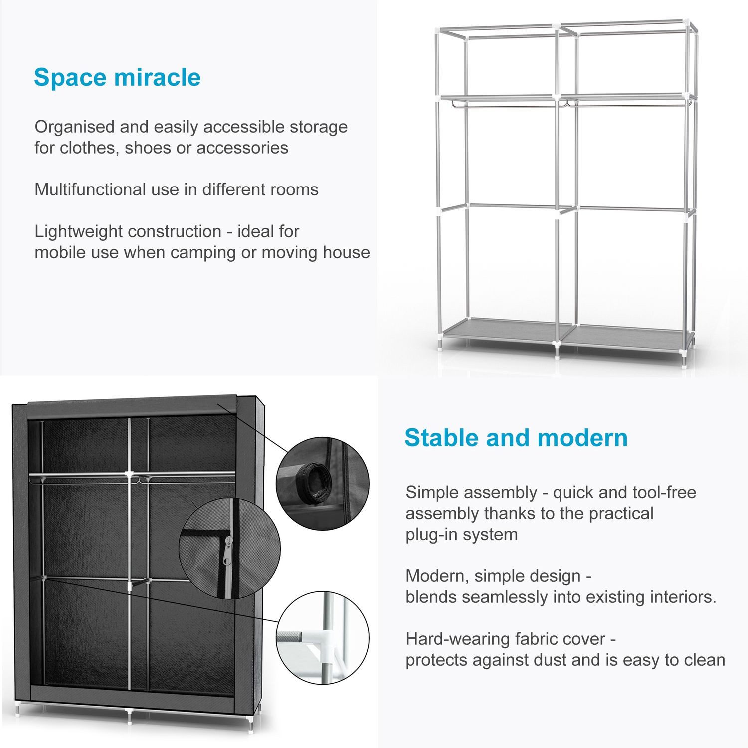Intirilife Kleiderschrank (Stoffschrank, 1-St) Faltschrank 170x108x45 cm - Kleiderschrank Camping Kleiderstange – Bild 3 von 5