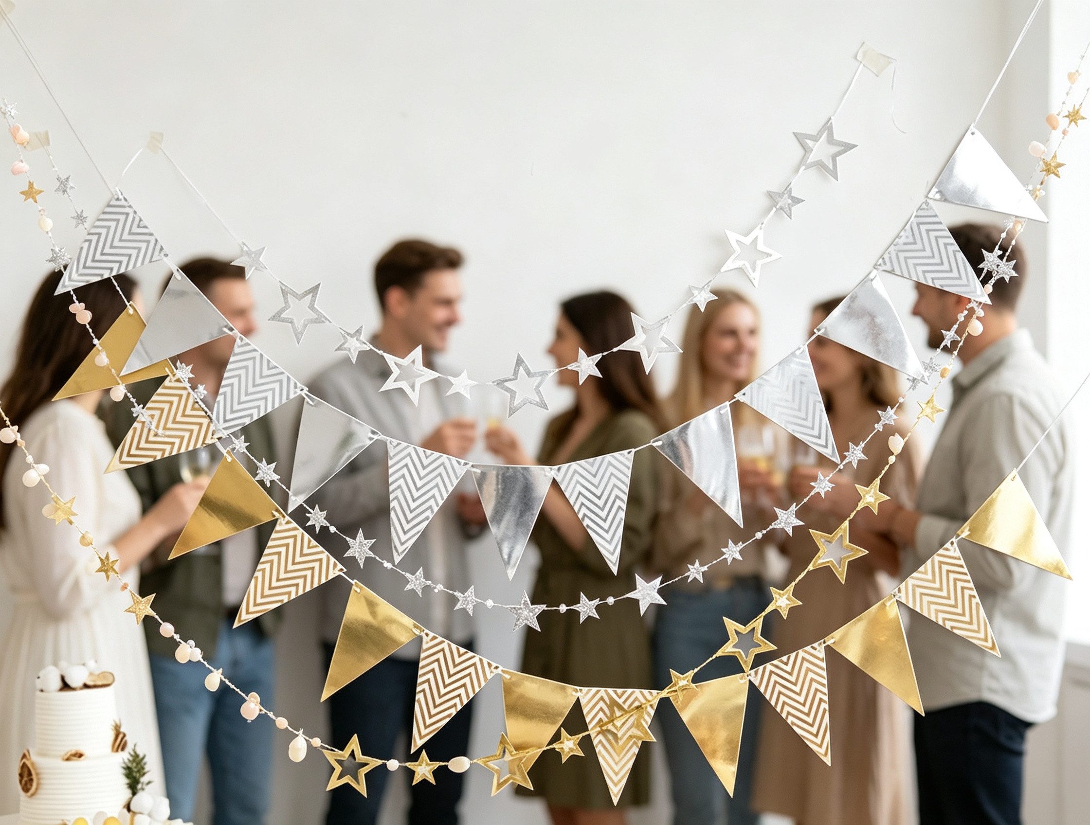 FOUORTUNATE-BEE Wimpelkette Wimpelgirlande Set Gold Silber mit Sterngirlande für Party Deko, Partygirlande für Geburtstag Hochzeit Innen Außen Fotohintergrund