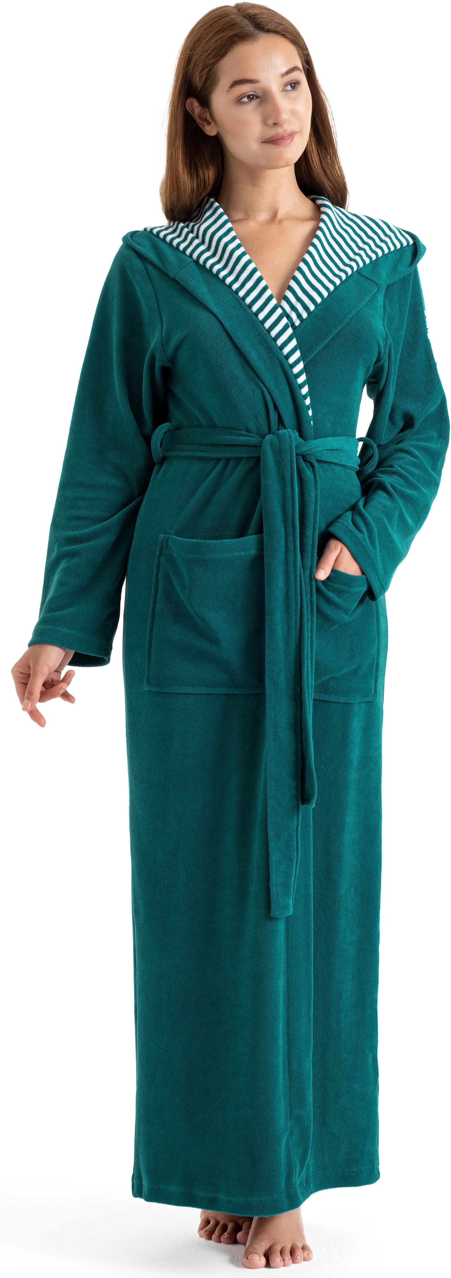 KangaROOS Damenbademantel Dalia, ideal für Sauna & Spa, Standardlänge & Überlänge, Langform, Wirkfrottier, Kapuze, Gürtel, Uni-Farben mit Streifen, Taschen, leicht, XS-3XL, auch in extra lang