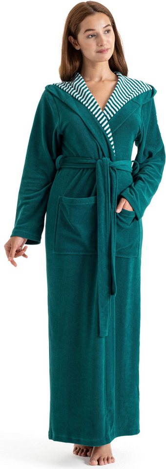KangaROOS Damenbademantel Dalia, ideal für Sauna & Spa, Standardlänge & Überlänge, Langform, Leichtfrottier, Kapuze, Gürtel, Uni-Farben mit Streifen, Taschen, leicht, XS-3XL, auch in extra lang