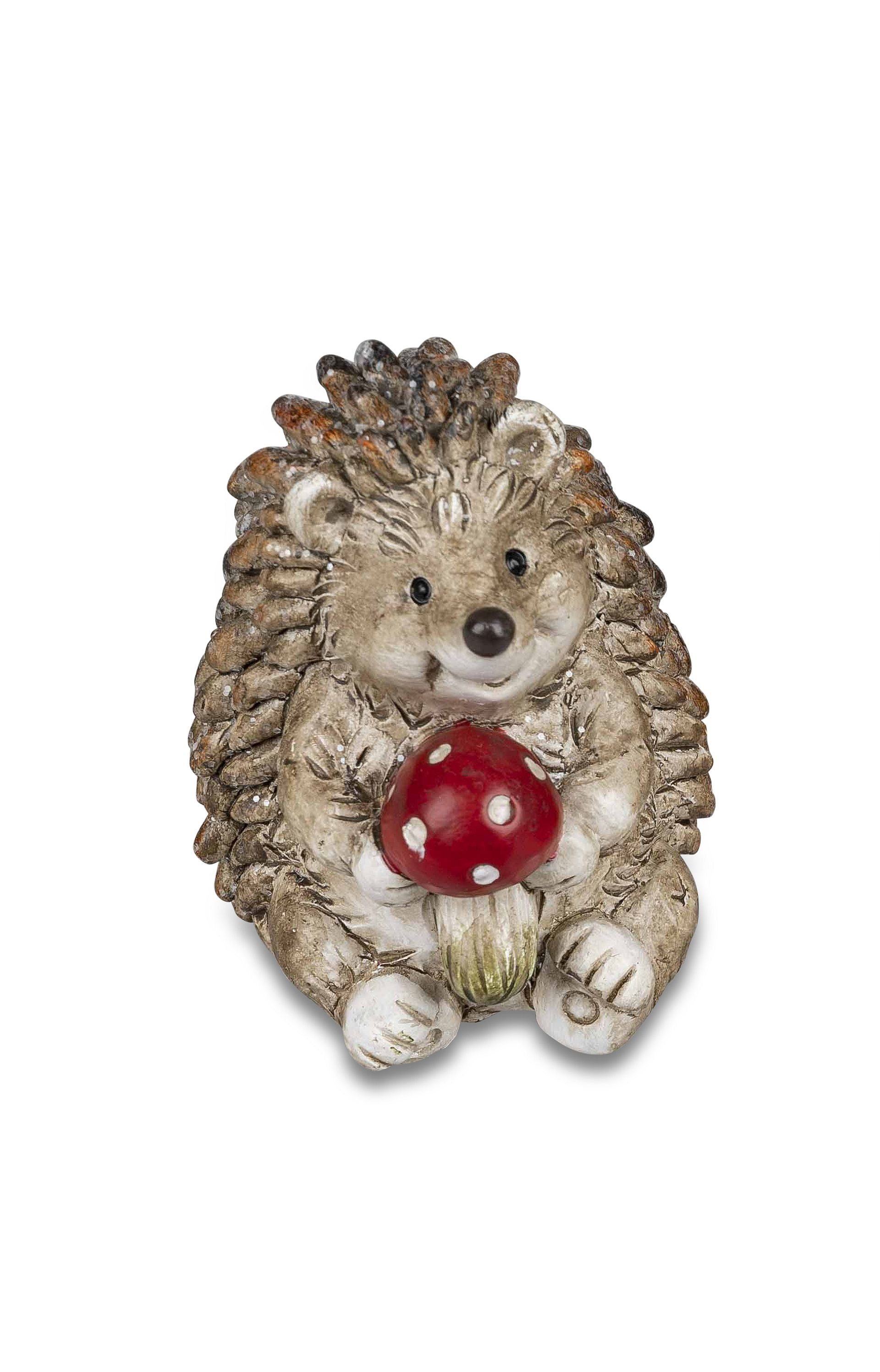 Tierfigur Dekofigur Igel sitzend mit Fliegenpilz