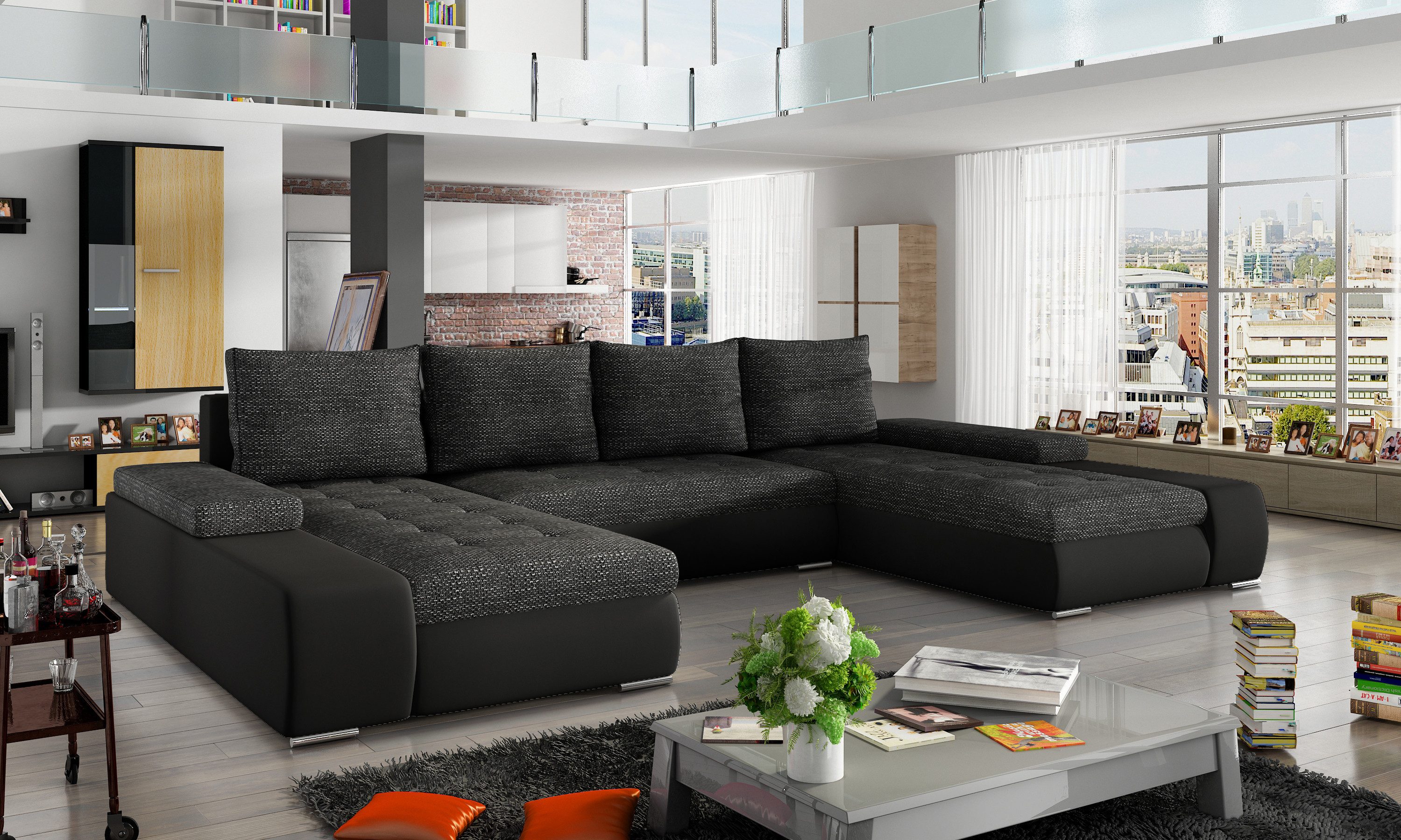 MF Design Wohnlandschaft Ecksofa U Form mit Schlaffunktion und Bettkasten, Ja / Dl / 1