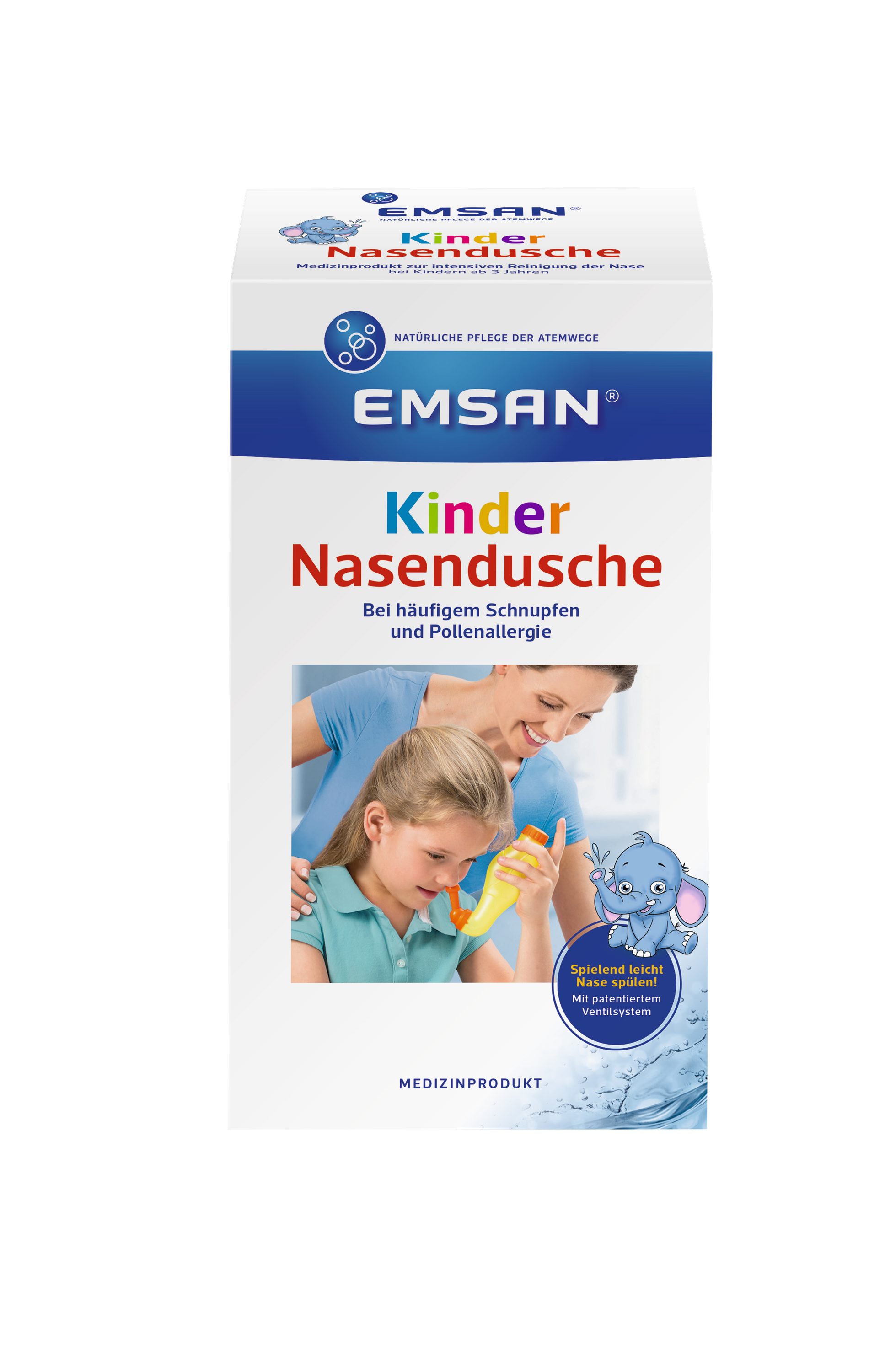 EMSAN Nasensauger Kinder Nasendusche + Nasenspülsalz multimineral, Nasenspülung Set bei Schnupfen & Allergie mit 10 Beutel Salzlösung