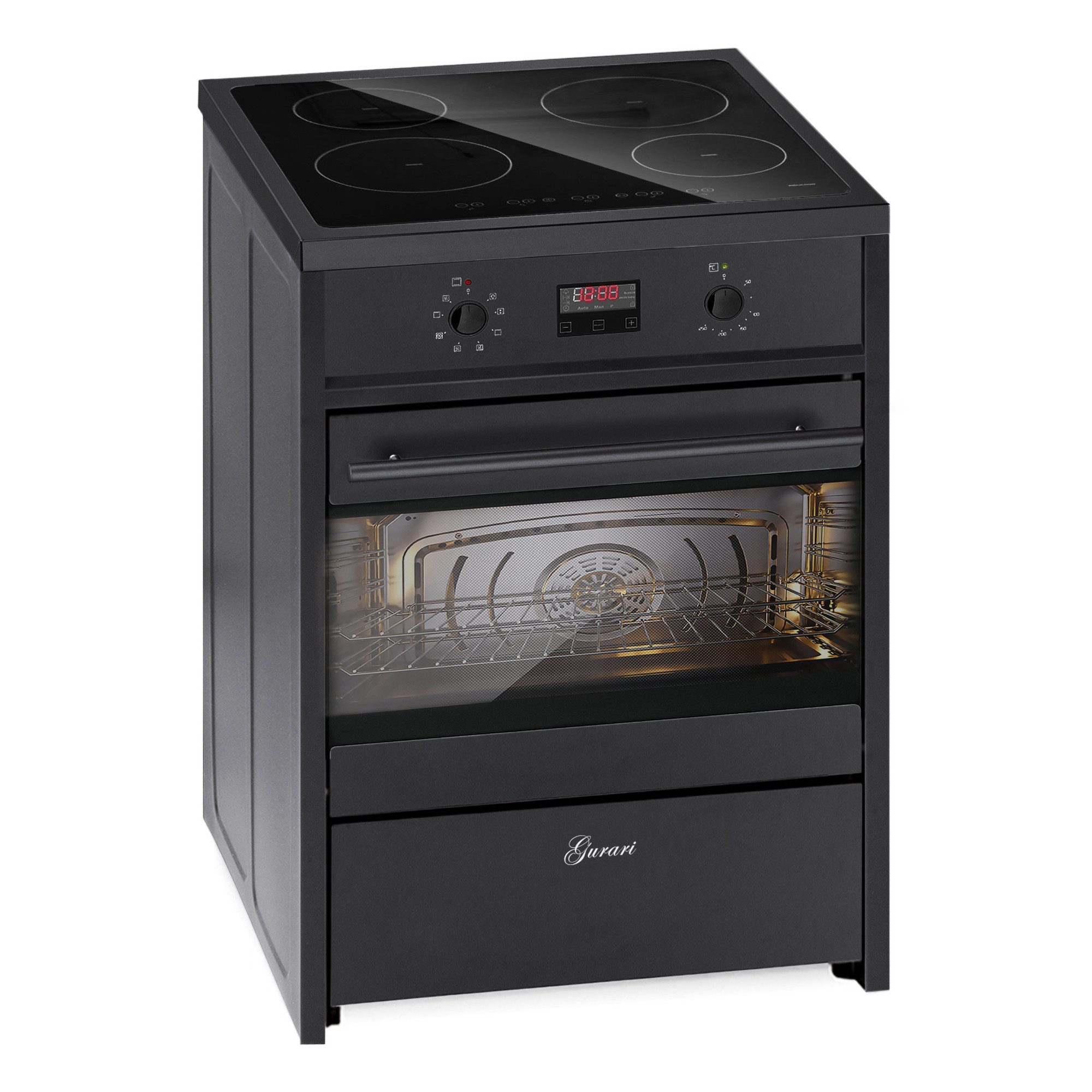 GURARI Induktions-Standherd Schwarz Induktionsherd Freistehend 60 cm mit 4 Boosterkochzonen, 60L GCH E 612 BL., mit 1-fach-Teleskopauszug