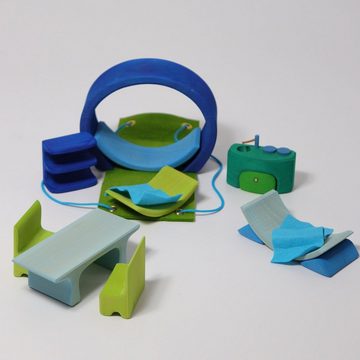 GRIMM´S Spiel und Holz Design Spielbausteine Holzspielzeug Bauhaus Blau Grün 14 Teile + Filzhülle mit Kordel