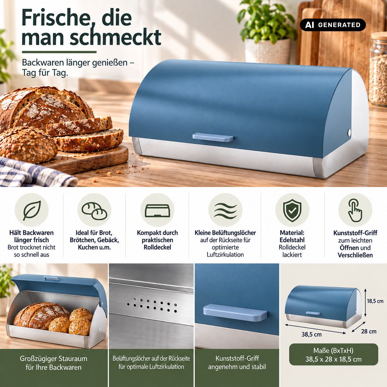 Michelino Brotkasten Edelstahl Brotbox Brotbehälter Brötchenaufbewahrung, (Rolldeckel lackiert), Belüftungslöcher auf der Rückseite – Bild 2 von 4
