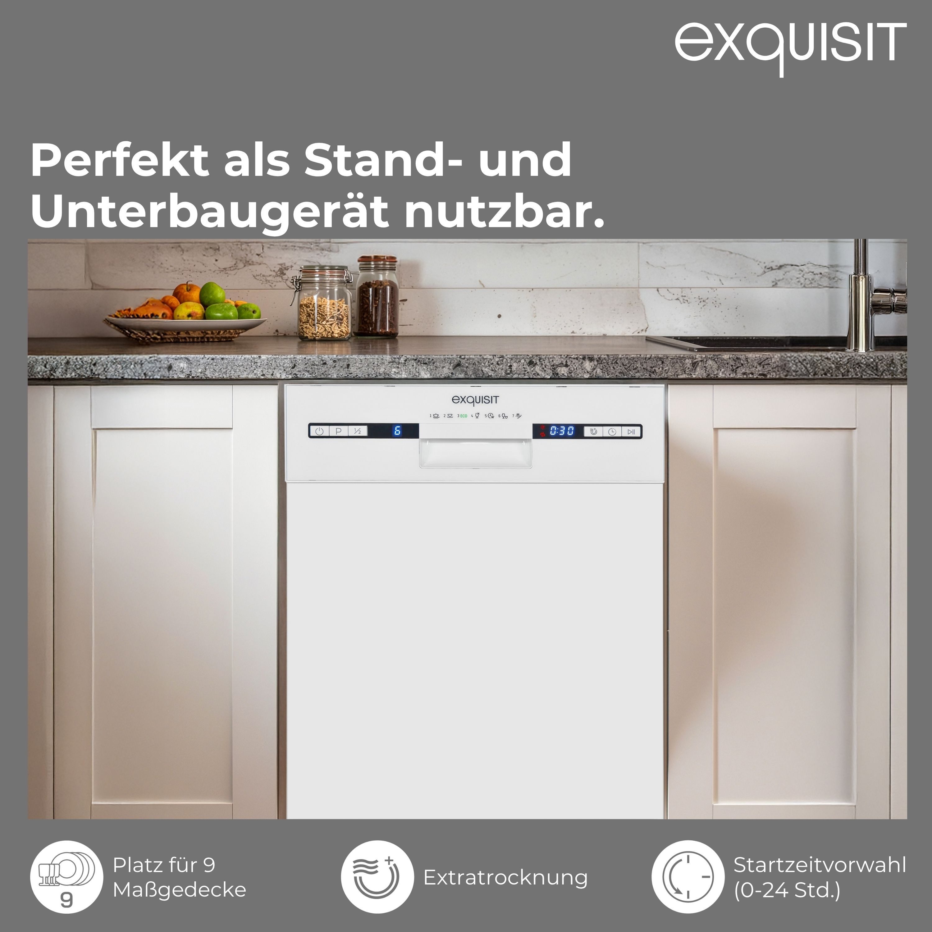 exquisit Standgeschirrspüler PLUS GSP59309-030E, 9 l, 9 Maßgedecke, 45 cm Breite, Unterbaufähig, 9 Liter, einfache Bedienung