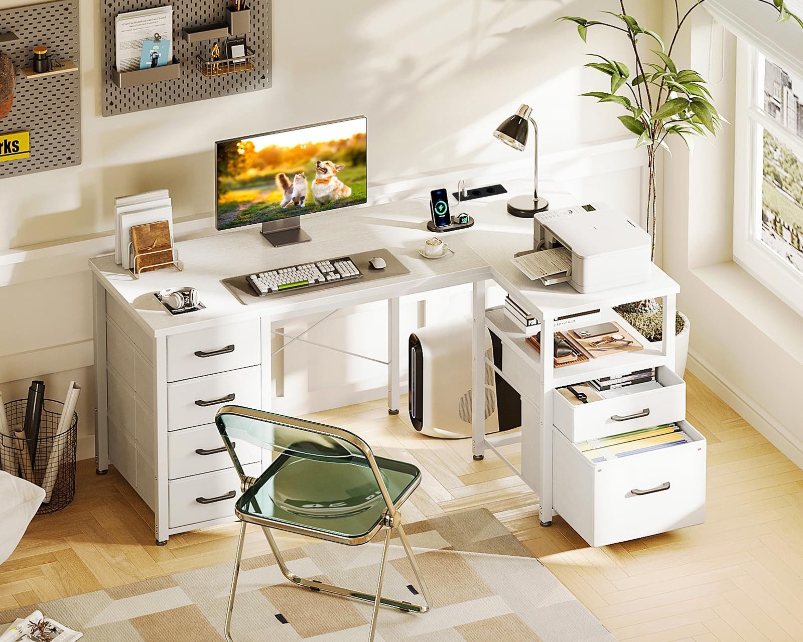 Schreibtisch mit 6 Schubladen & integrierter Steckdose + 2 USB, L-Form 140x80cm