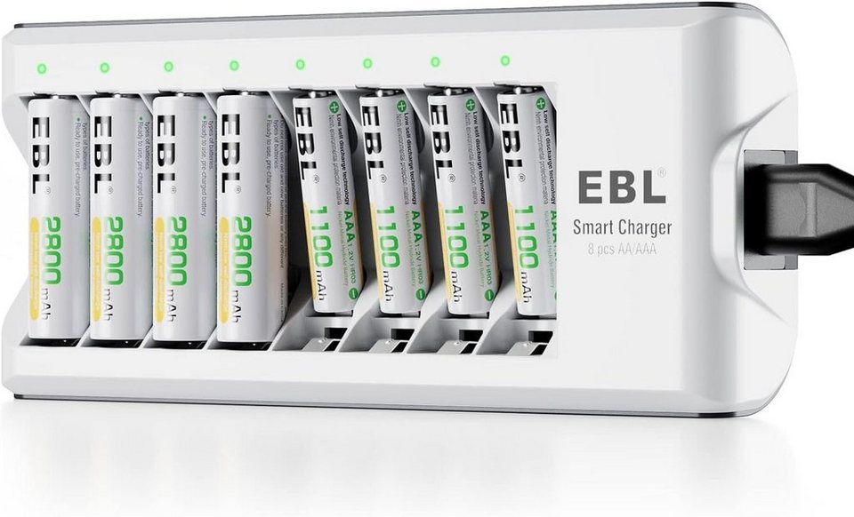 EBL Akku Ladegerät mit 4 AA Akku + 4 AAA Akku Akku-Ladestation (1-tlg., für  wiederaufladbare Batterien AA AAA NI-MH NI-Cd)