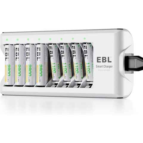 EBL Akku Ladegerät mit 4 AA Akku + 4 AAA Akku Akku-Ladestation (1-tlg., für wiederaufladbare Batterien AA AAA NI-MH NI-Cd)