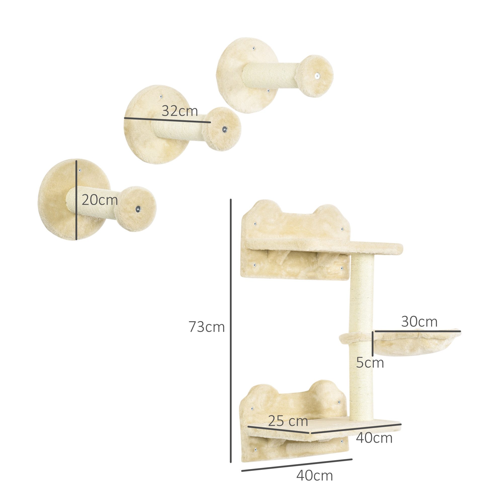 PawHut Katzen-Kletterwand 4-teilig, Katzentreppe, mit Hängematte, Sisal, Beige+Cremeweiß, 40 x 28 x 73cm