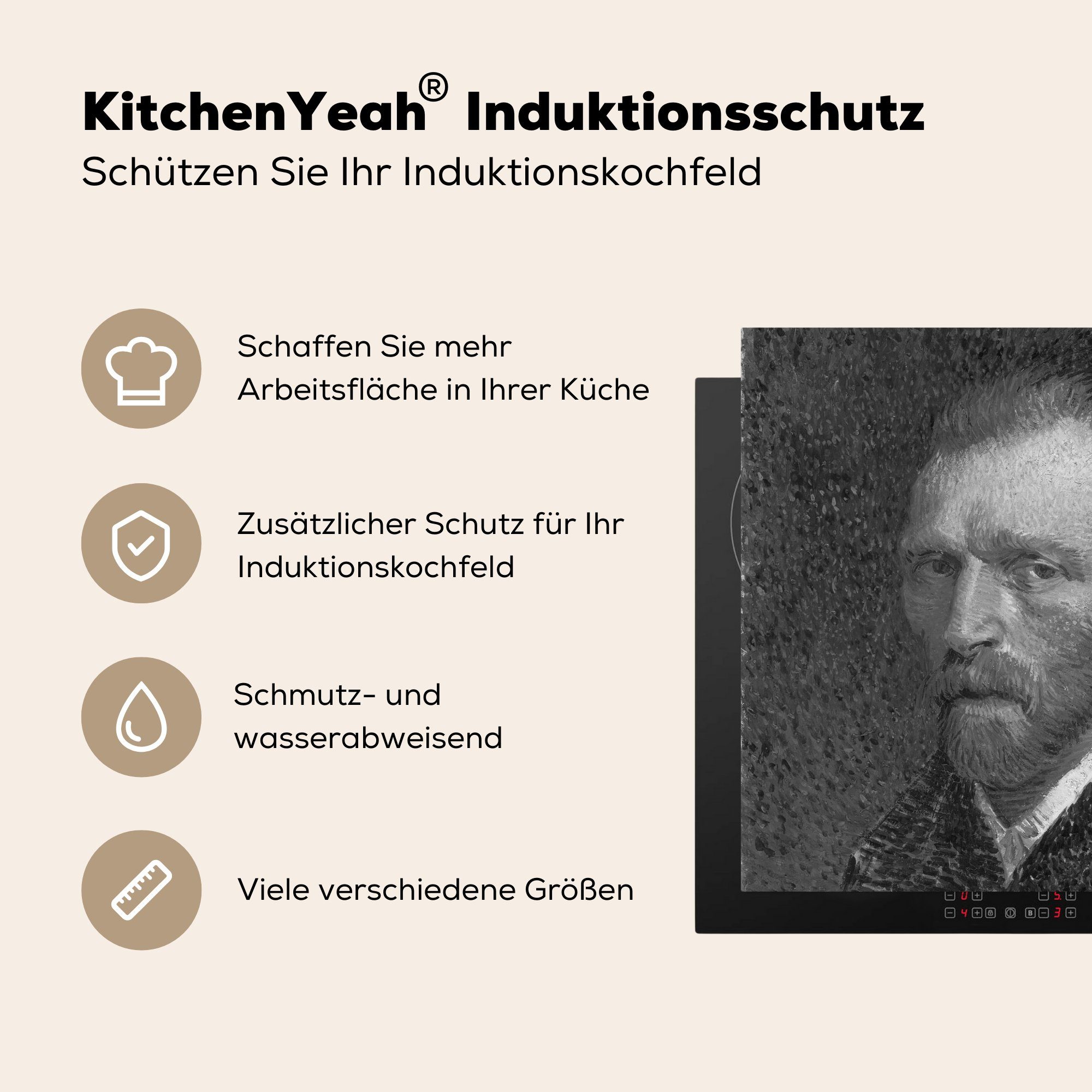 Schwarz Gogh - Selbstbildnis cm, für - MuchoWow Weiß, von (1 Vinyl, 78x78 küche Ceranfeldabdeckung, Herdblende-/Abdeckplatte van Vincent tlg), Arbeitsplatte