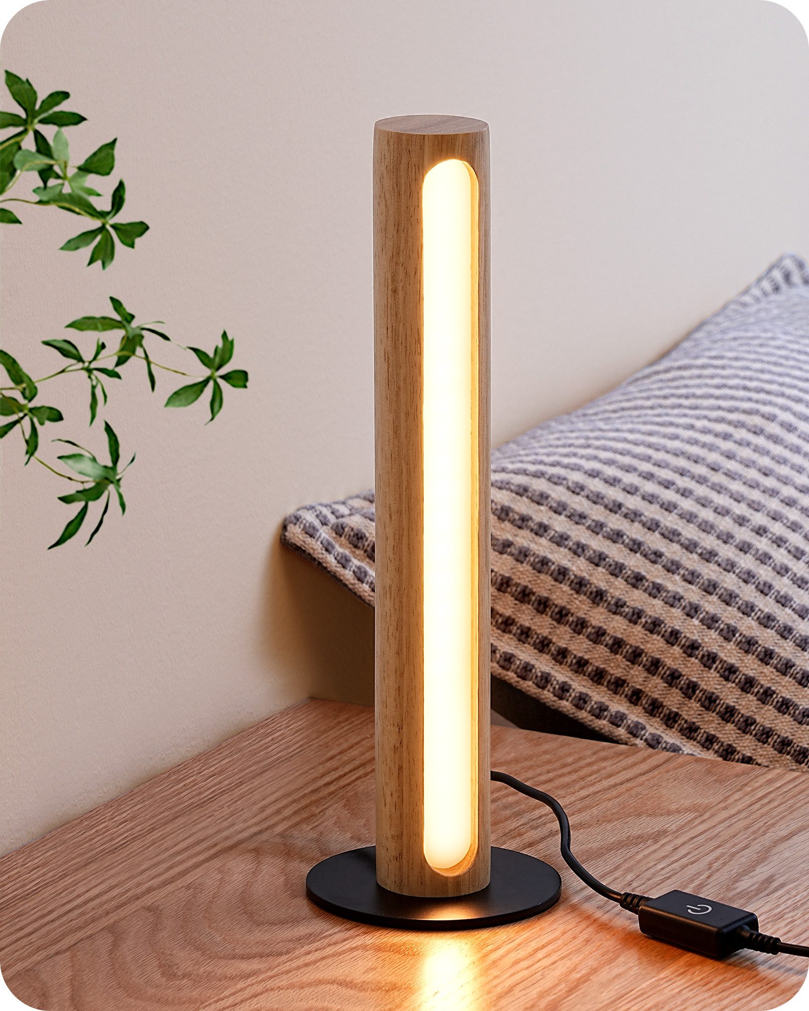 EDISHINE LED Nachttischlampe Säulenlampe aus Holz, dekoholz, LED fest integriert, 3000K-4500K-6000K, Touch Dimmbar, Höhe 27cm
