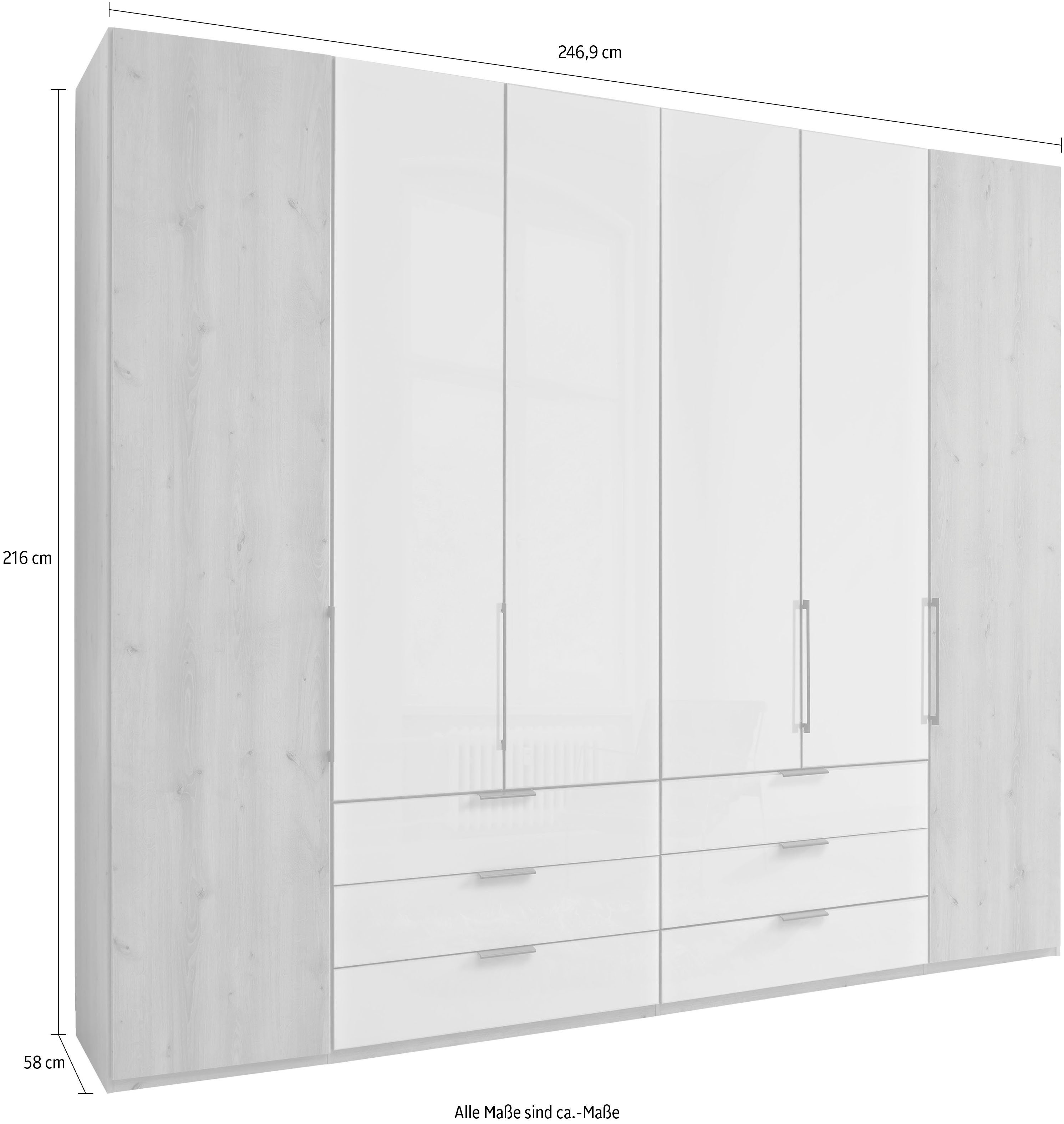 sowie Monaco Drehtürenschrank Beschläge inkl. hochwertige WIEMANN Teil-Glasfront Weiß Dämpfung Bianco-Eiche-Nachbildung/Glas mit